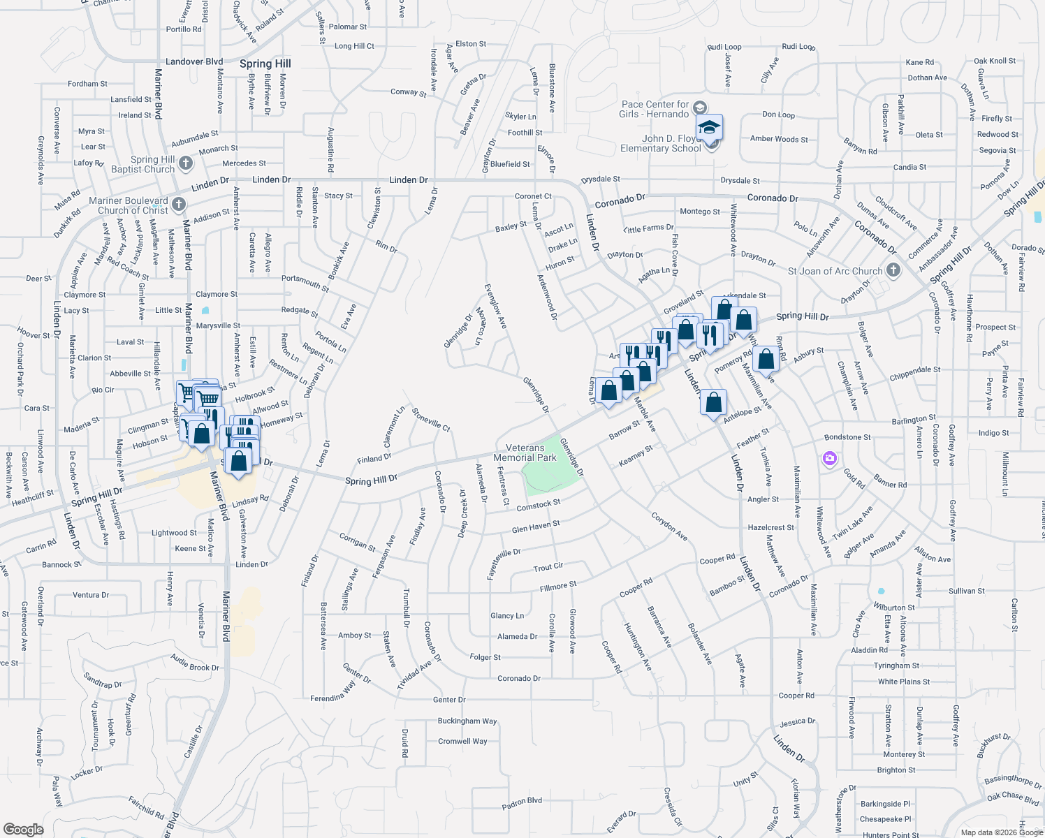 map of restaurants, bars, coffee shops, grocery stores, and more near 2185 Fentress Court in Spring Hill