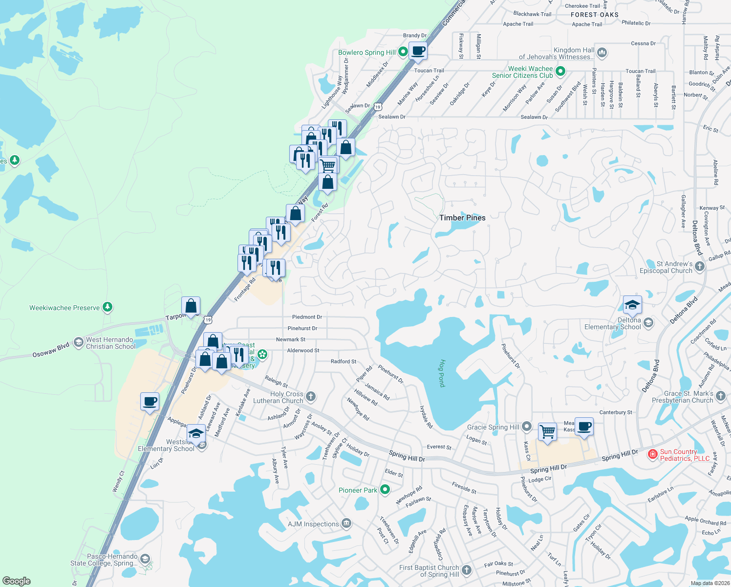 map of restaurants, bars, coffee shops, grocery stores, and more near 2111 Forester Way in Spring Hill