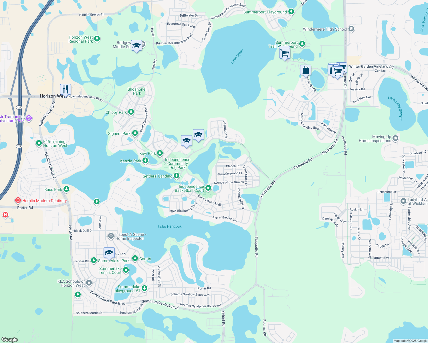 map of restaurants, bars, coffee shops, grocery stores, and more near 6400 Cropping Street in Winter Garden