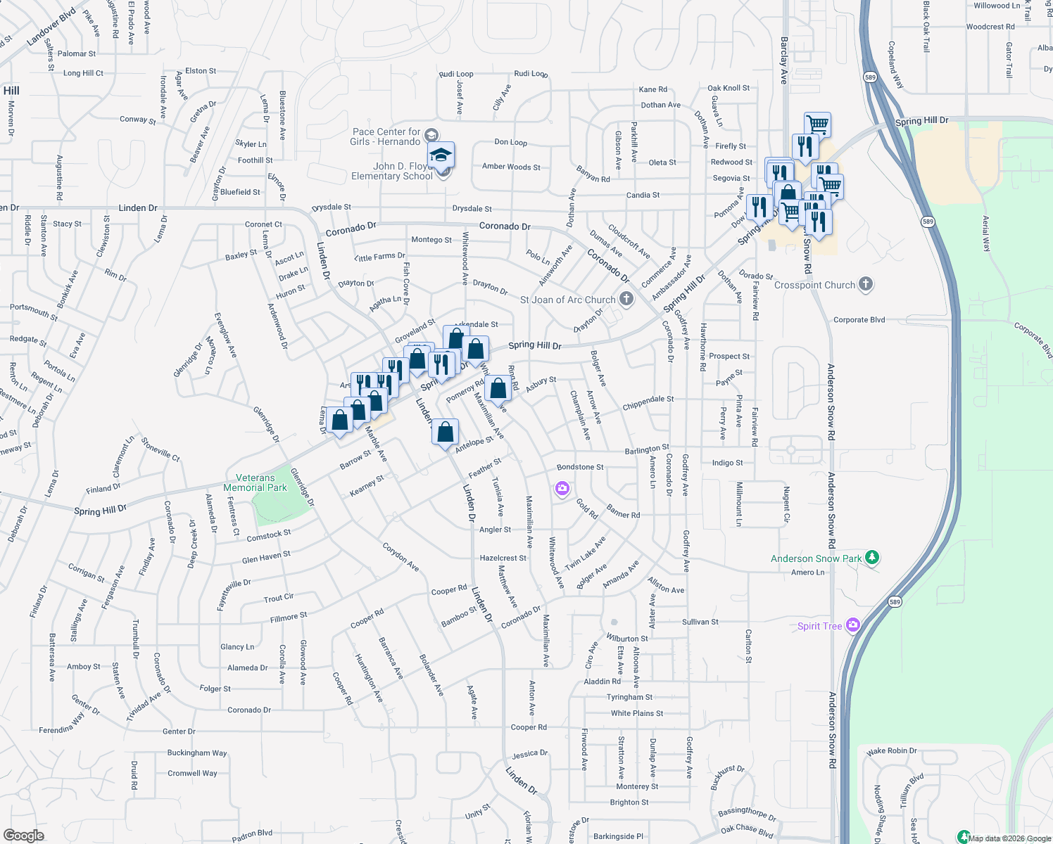 map of restaurants, bars, coffee shops, grocery stores, and more near 2188 Whitewood Avenue in Spring Hill