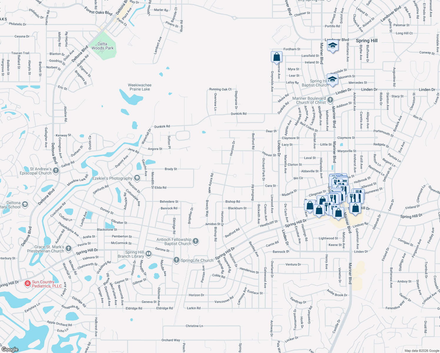 map of restaurants, bars, coffee shops, grocery stores, and more near 10022 Northwind Court in Spring Hill