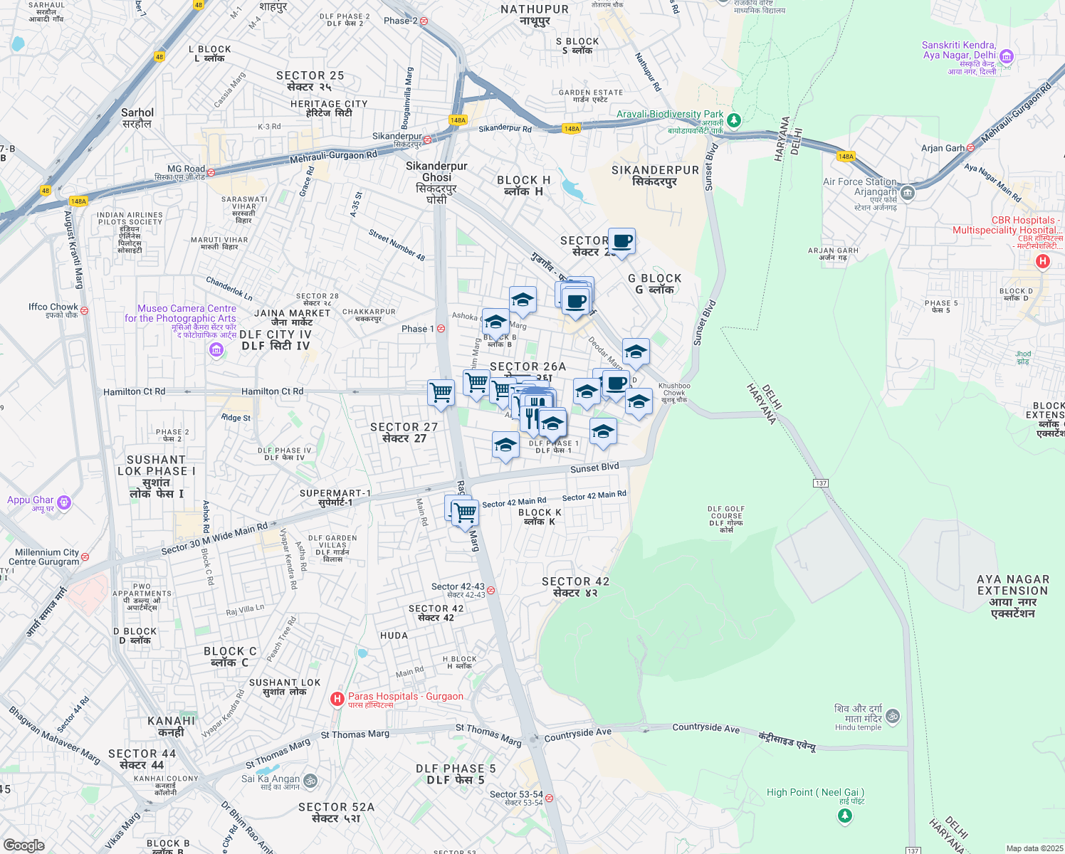 map of restaurants, bars, coffee shops, grocery stores, and more near Arjun Marg in Gurugram