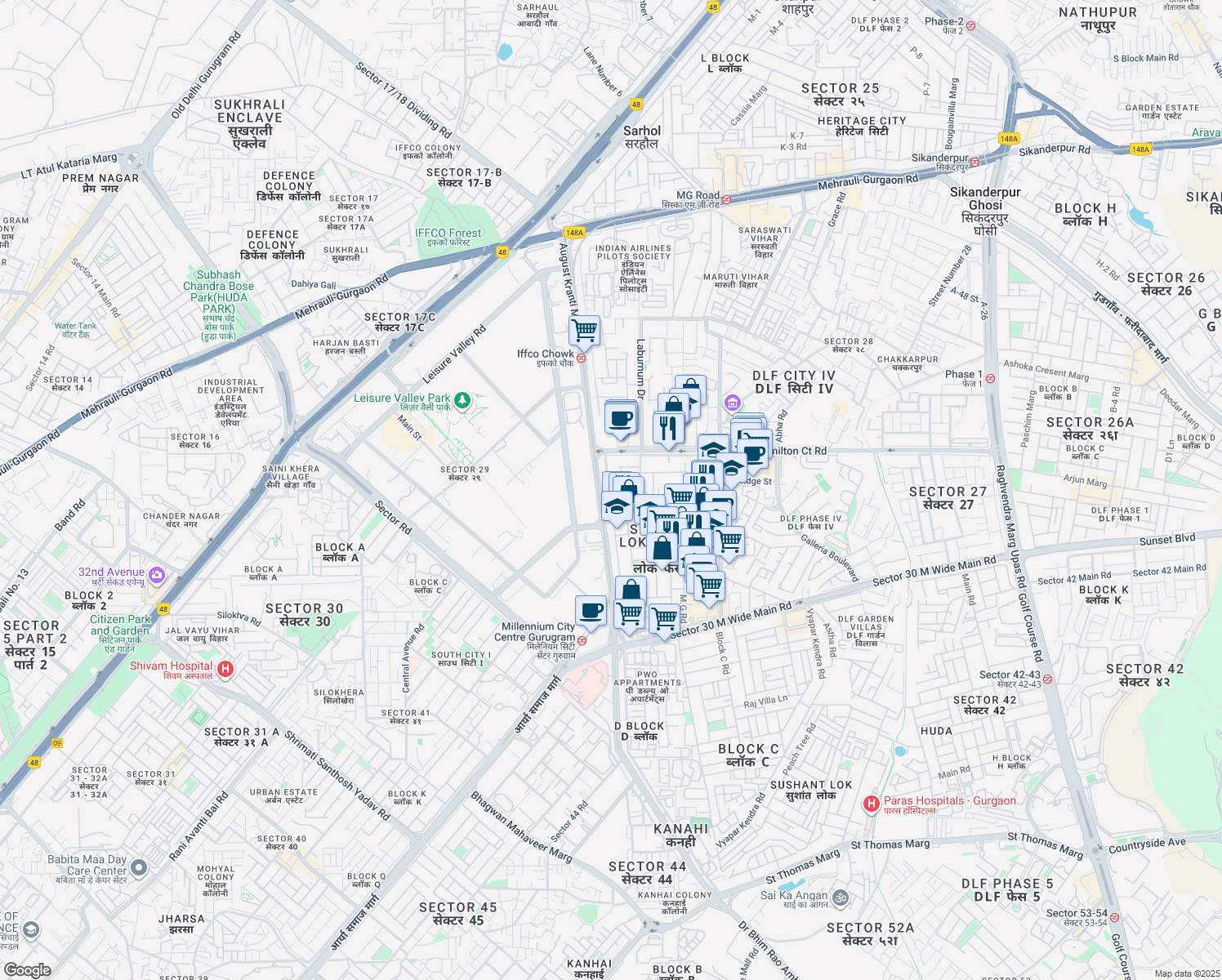 map of restaurants, bars, coffee shops, grocery stores, and more near in Gurugram