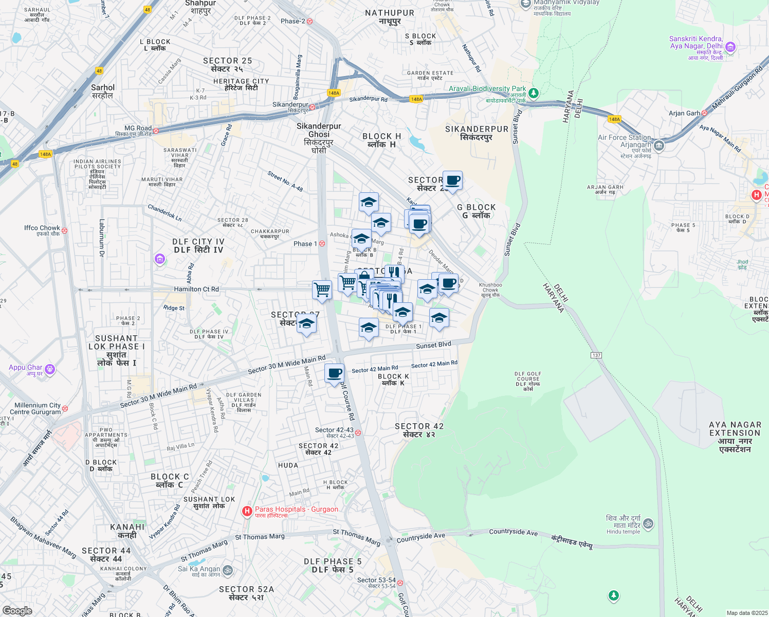 map of restaurants, bars, coffee shops, grocery stores, and more near Arjun Marg in Gurugram
