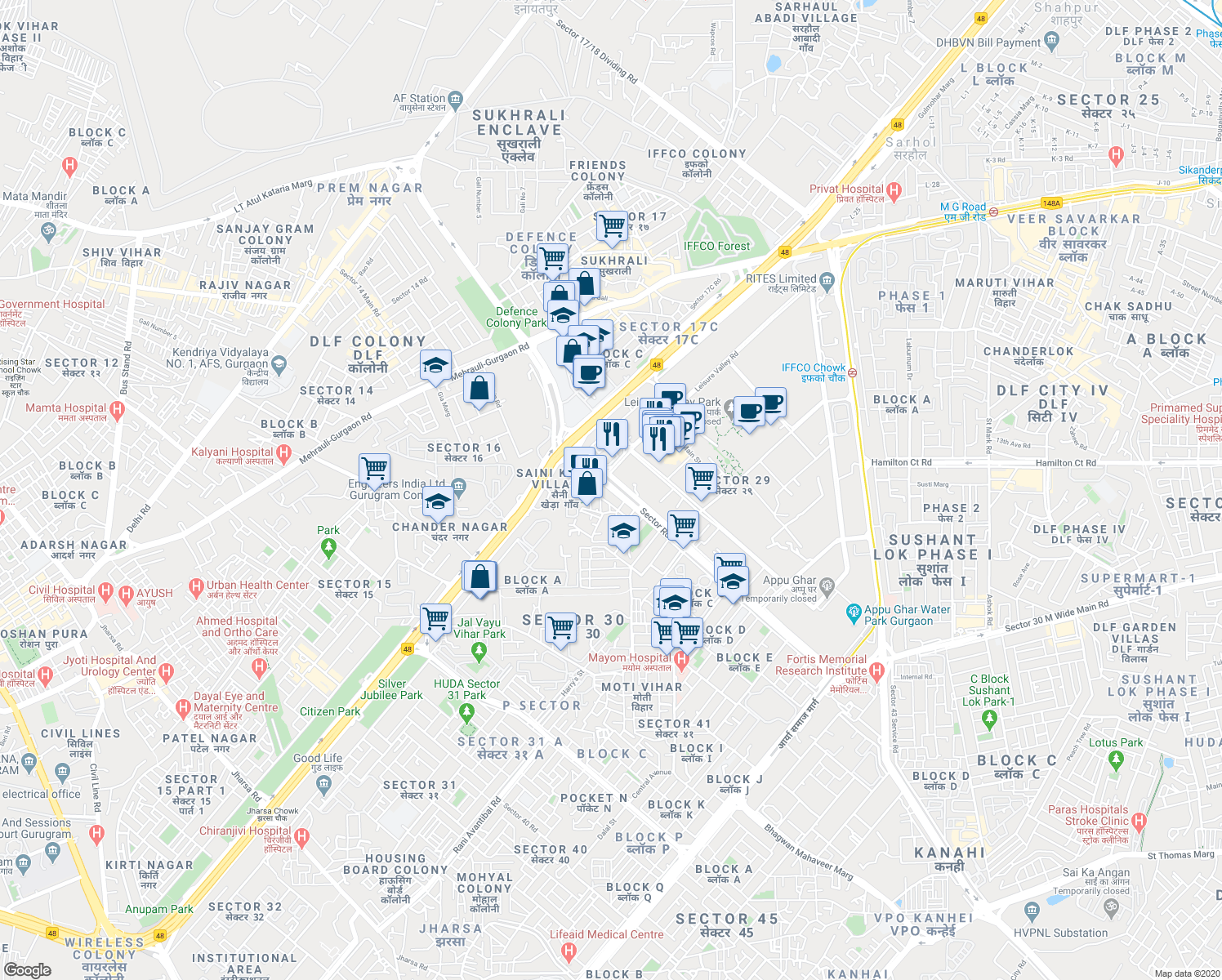 map of restaurants, bars, coffee shops, grocery stores, and more near 107 Sector Road in Gurgaon