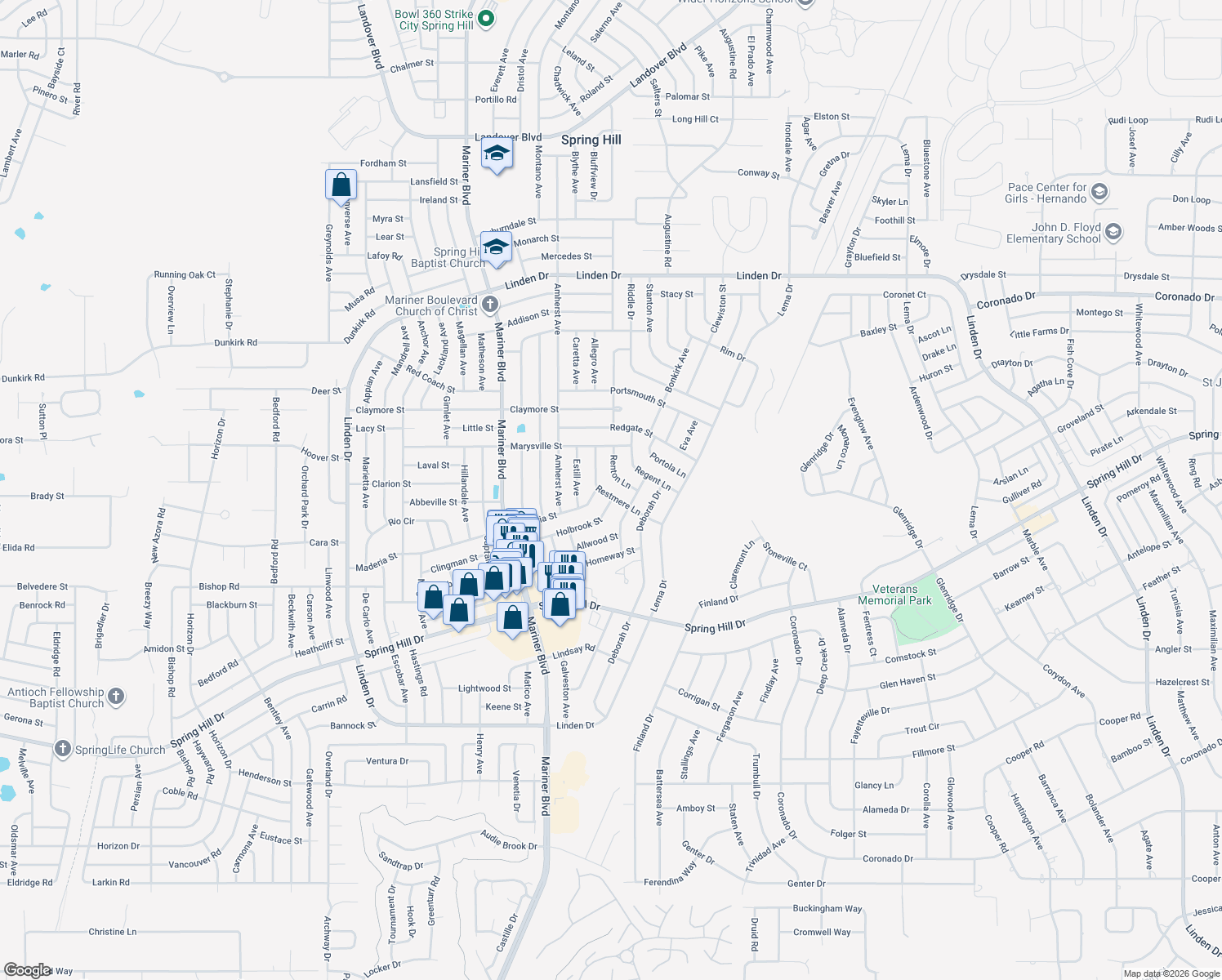 map of restaurants, bars, coffee shops, grocery stores, and more near 2294 Restmere Lane in Spring Hill