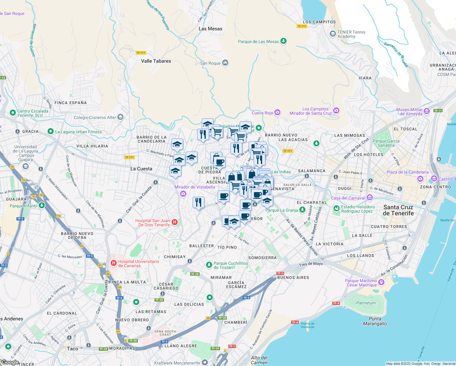 map of restaurants, bars, coffee shops, grocery stores, and more near 4 Calle Eladio Roca Salazar in Santa Cruz de Tenerife
