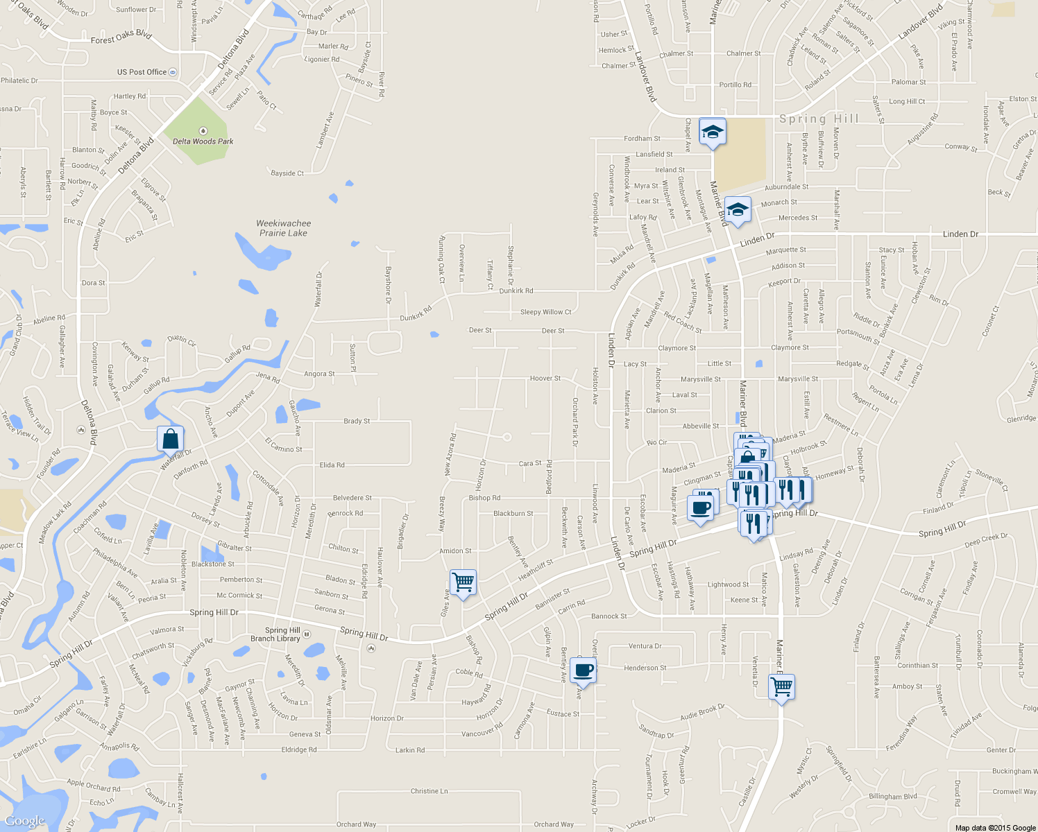 map of restaurants, bars, coffee shops, grocery stores, and more near 2271 Currant Place in Spring Hill