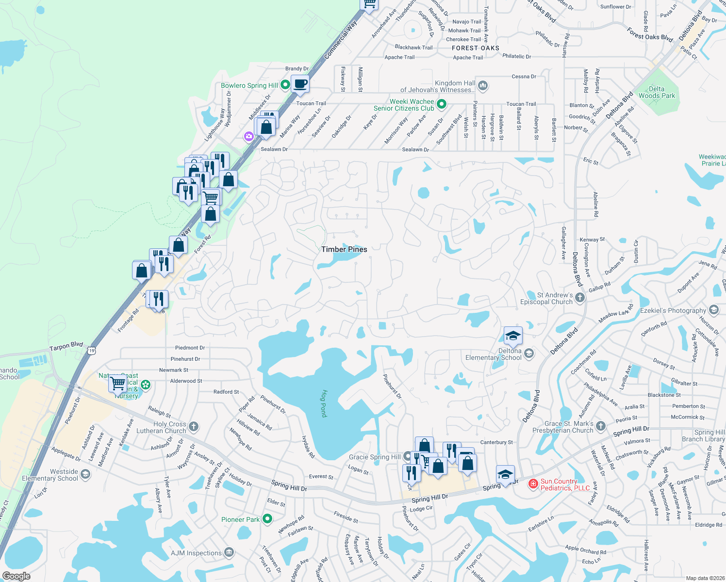 map of restaurants, bars, coffee shops, grocery stores, and more near 7182 Big Bend Drive in Spring Hill