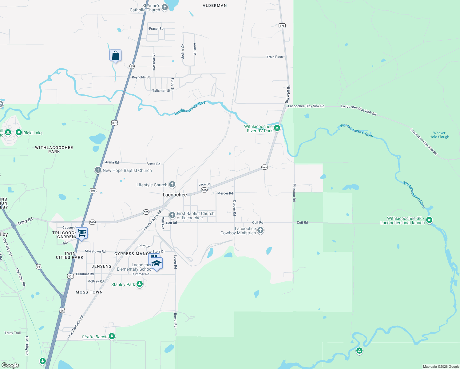 map of restaurants, bars, coffee shops, grocery stores, and more near 21323 Durden Road in Dade City