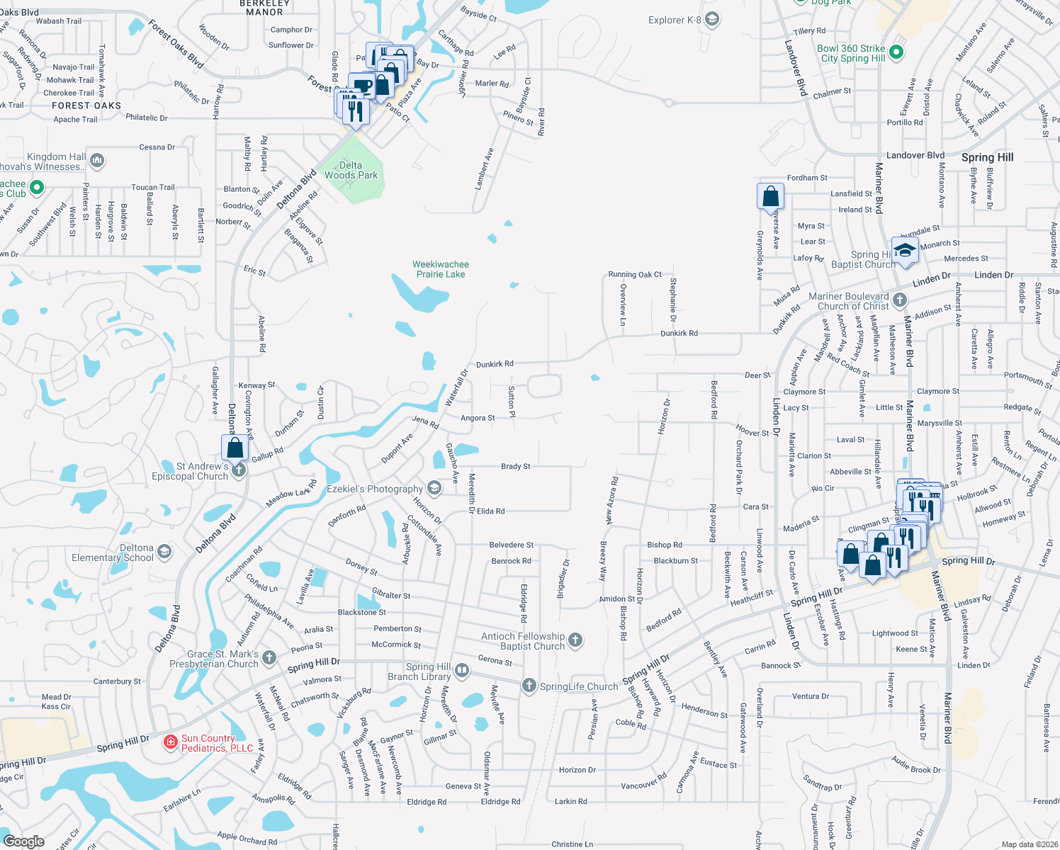 map of restaurants, bars, coffee shops, grocery stores, and more near 9284 Angora Street in Spring Hill