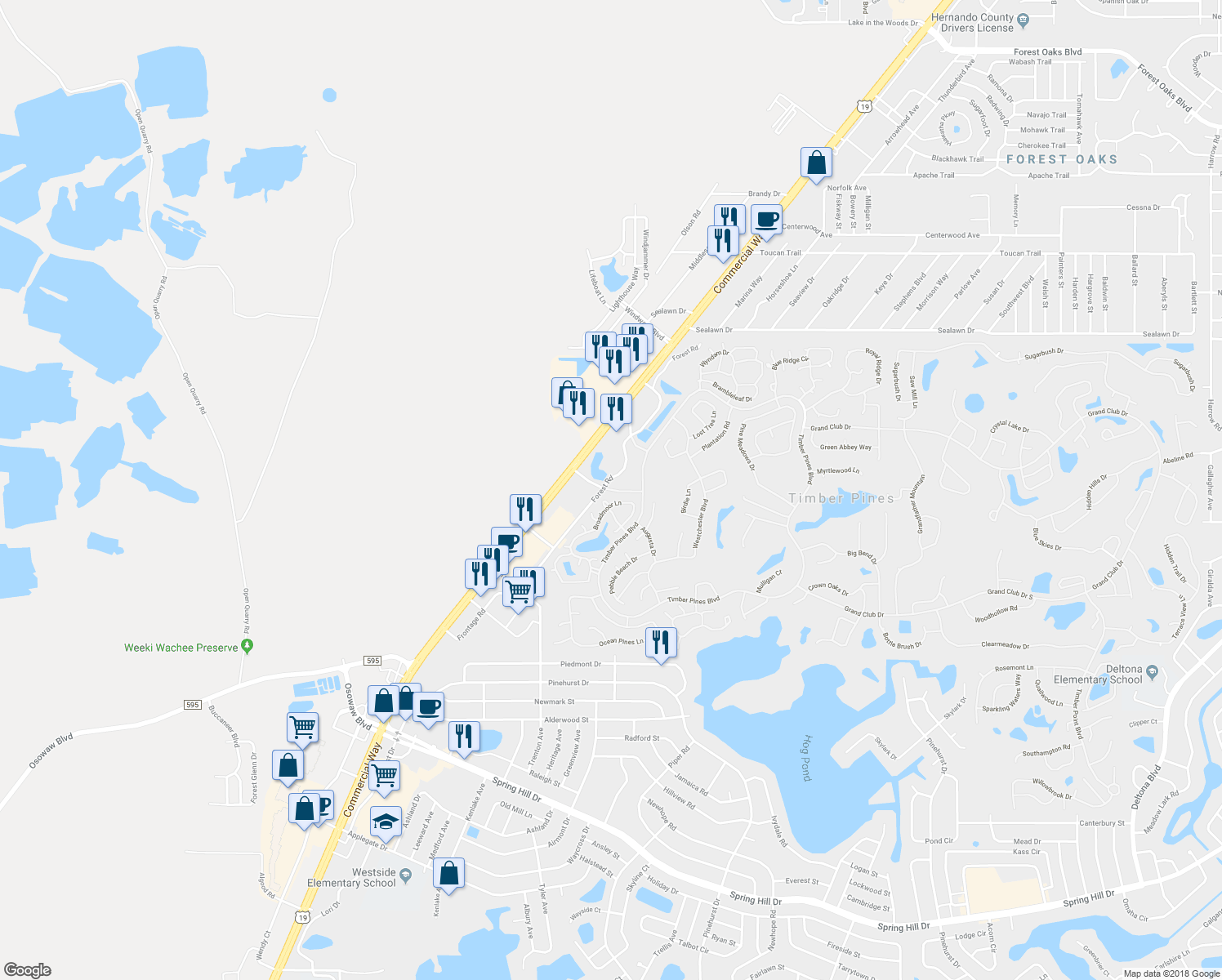 map of restaurants, bars, coffee shops, grocery stores, and more near Timber Pines Drive in Spring Hill
