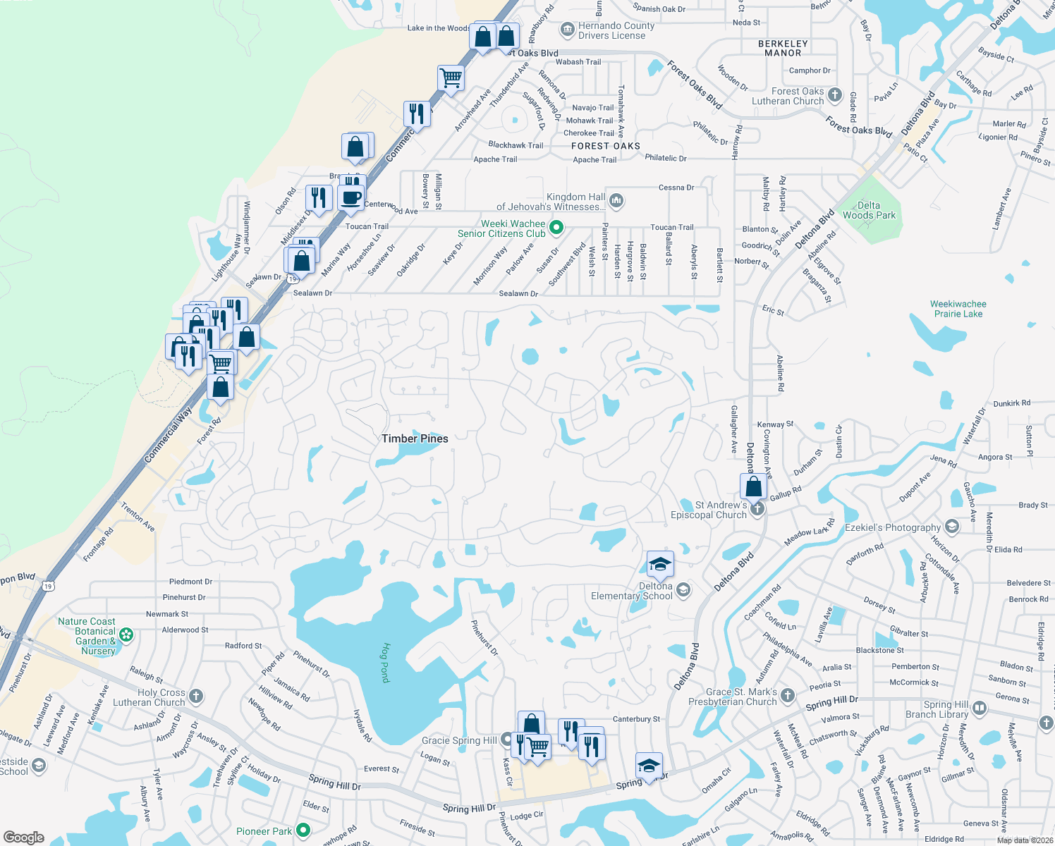map of restaurants, bars, coffee shops, grocery stores, and more near 2386 Fairskies Drive in Spring Hill