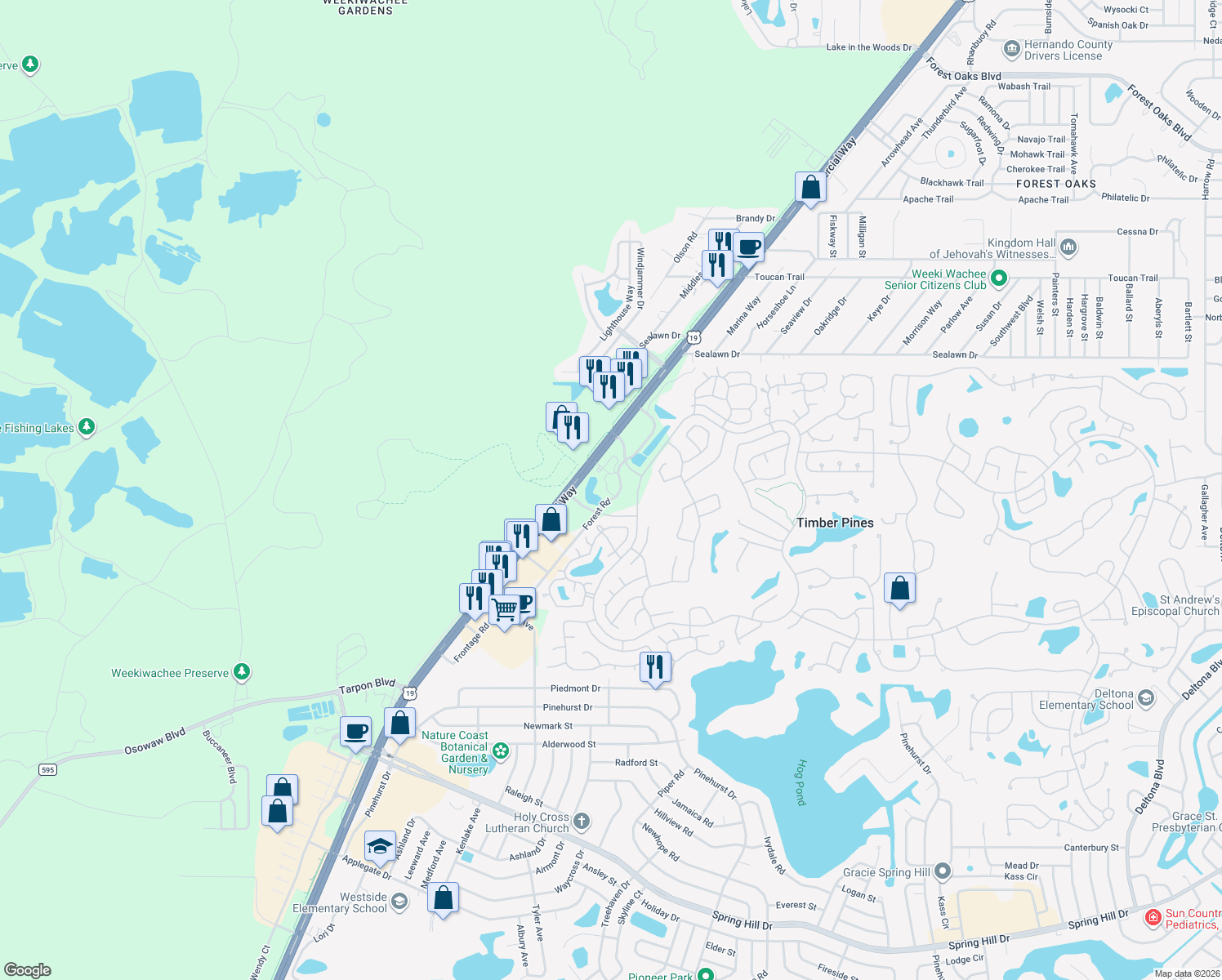 map of restaurants, bars, coffee shops, grocery stores, and more near 2601 Forest Road in Spring Hill