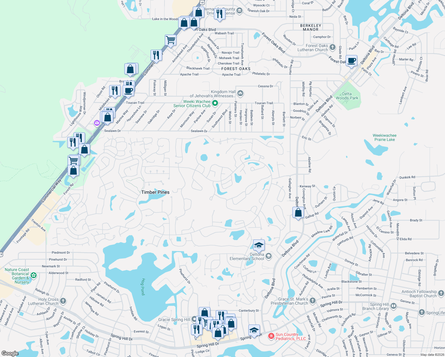 map of restaurants, bars, coffee shops, grocery stores, and more near 2436 Deer Trail Lane in Spring Hill