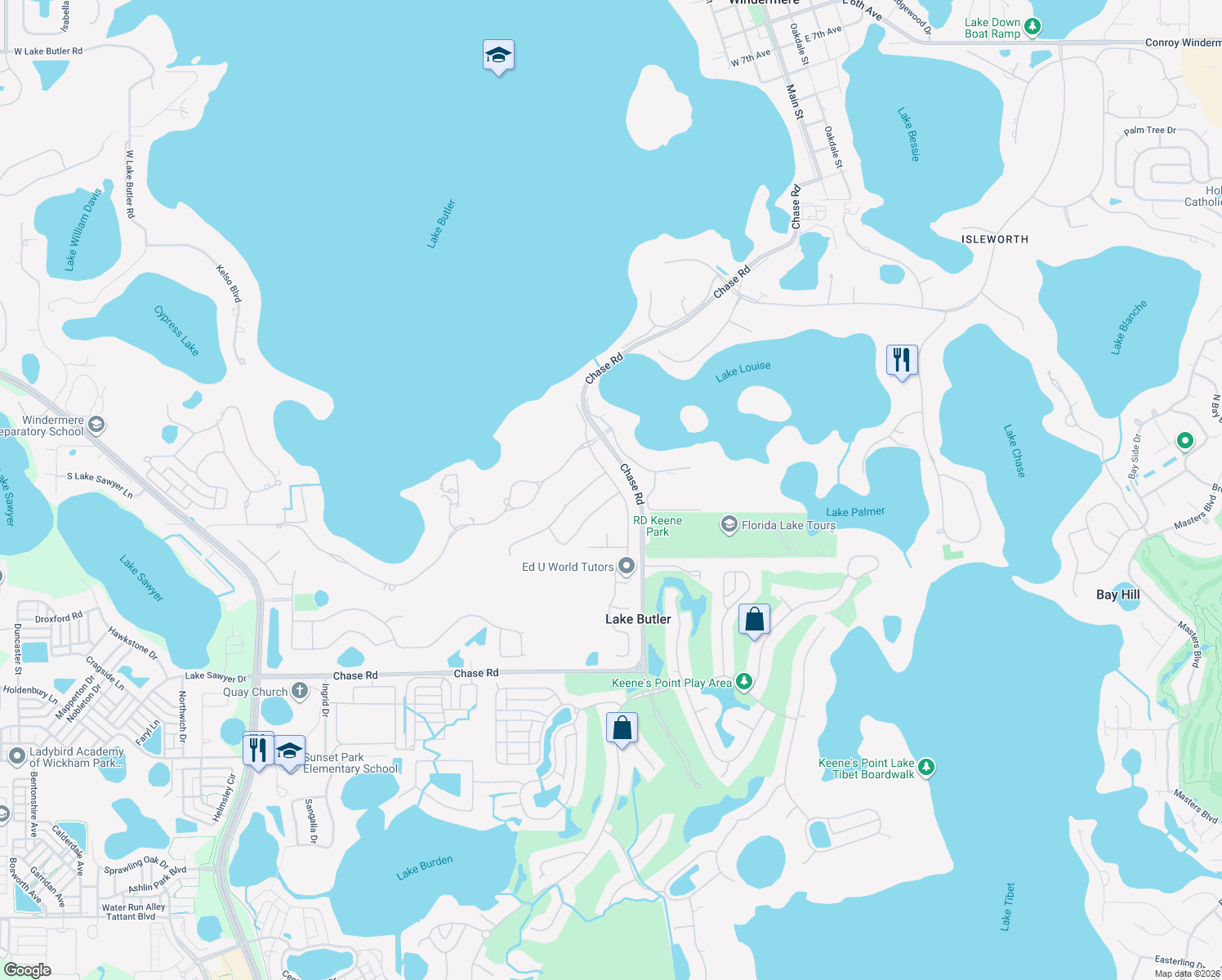 map of restaurants, bars, coffee shops, grocery stores, and more near 11007 Ullswater Lane in Windermere