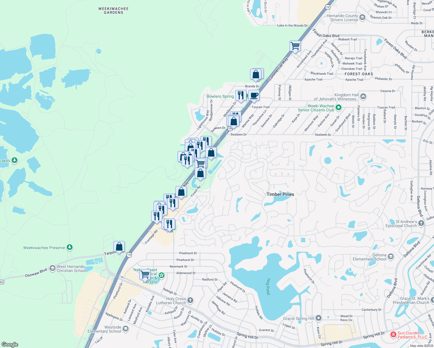 map of restaurants, bars, coffee shops, grocery stores, and more near 6288 Darien Way in Spring Hill