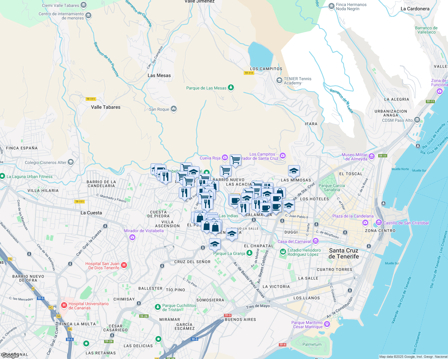 map of restaurants, bars, coffee shops, grocery stores, and more near 56 Calle los Cien Escalones in Santa Cruz de Tenerife