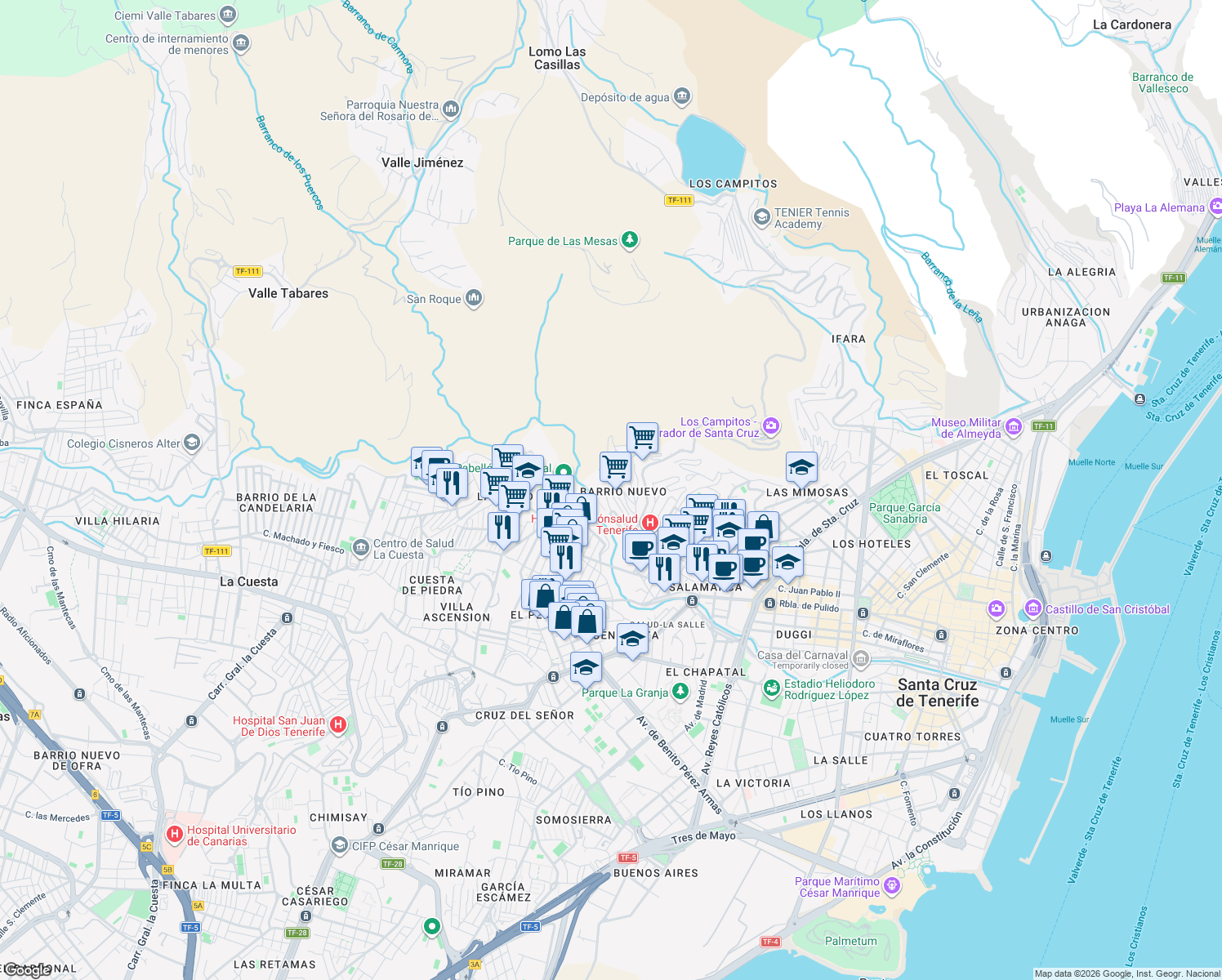 map of restaurants, bars, coffee shops, grocery stores, and more near 56 Calle los Cien Escalones in Santa Cruz de Tenerife