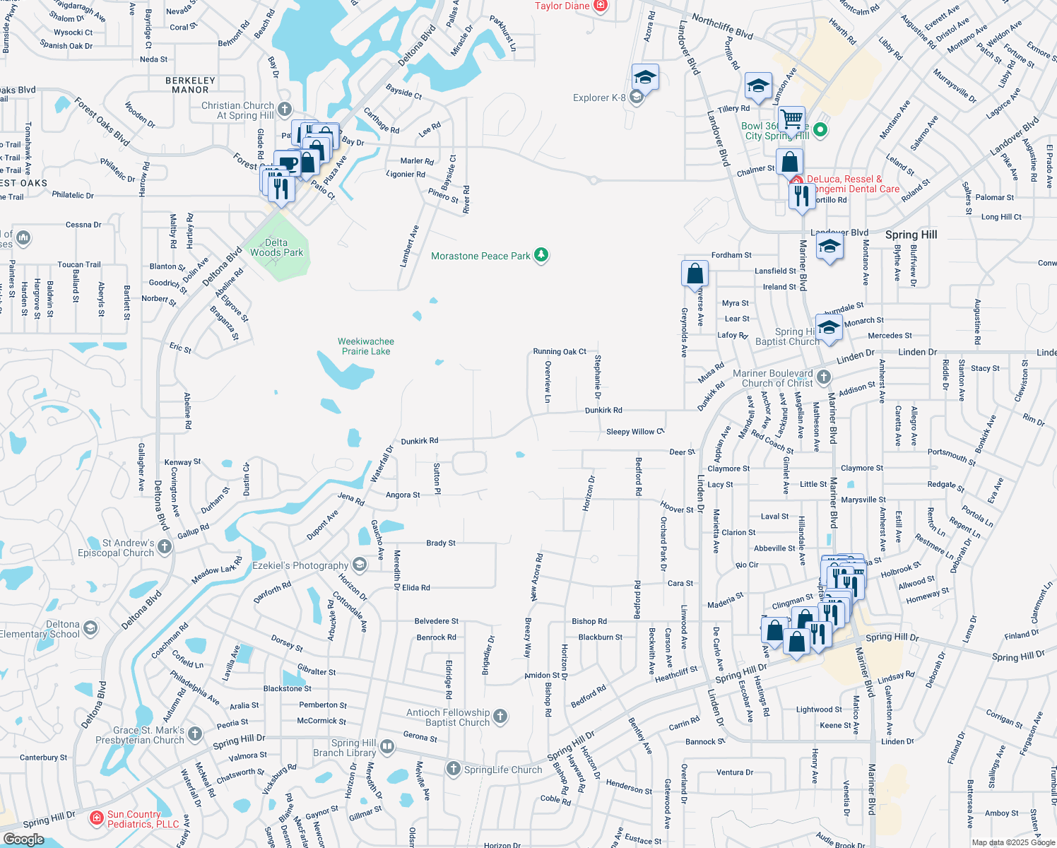 map of restaurants, bars, coffee shops, grocery stores, and more near 2449 Running Oak Court in Spring Hill
