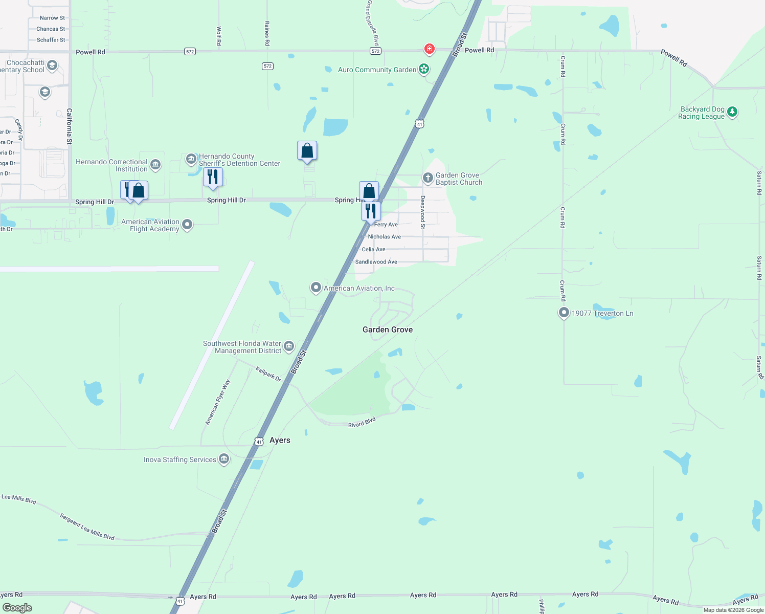 map of restaurants, bars, coffee shops, grocery stores, and more near 2757 Kingswood Circle in Brooksville