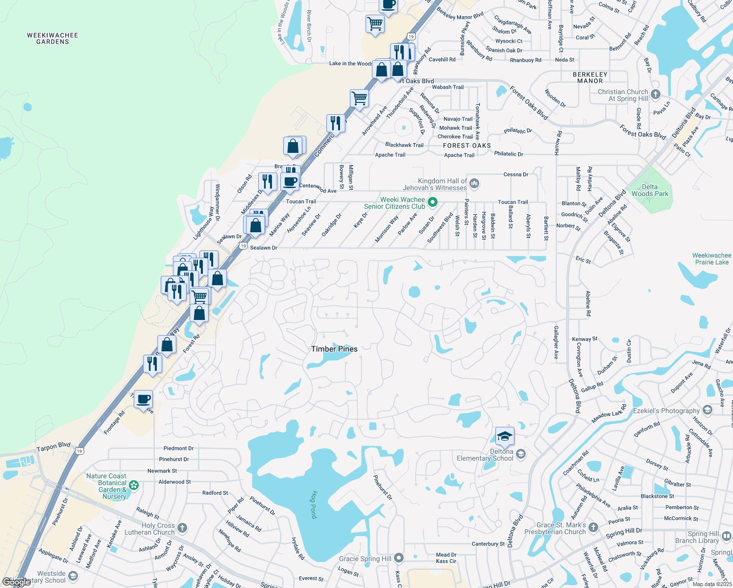 map of restaurants, bars, coffee shops, grocery stores, and more near 7273 Sugarbush Dr in Spring Hill