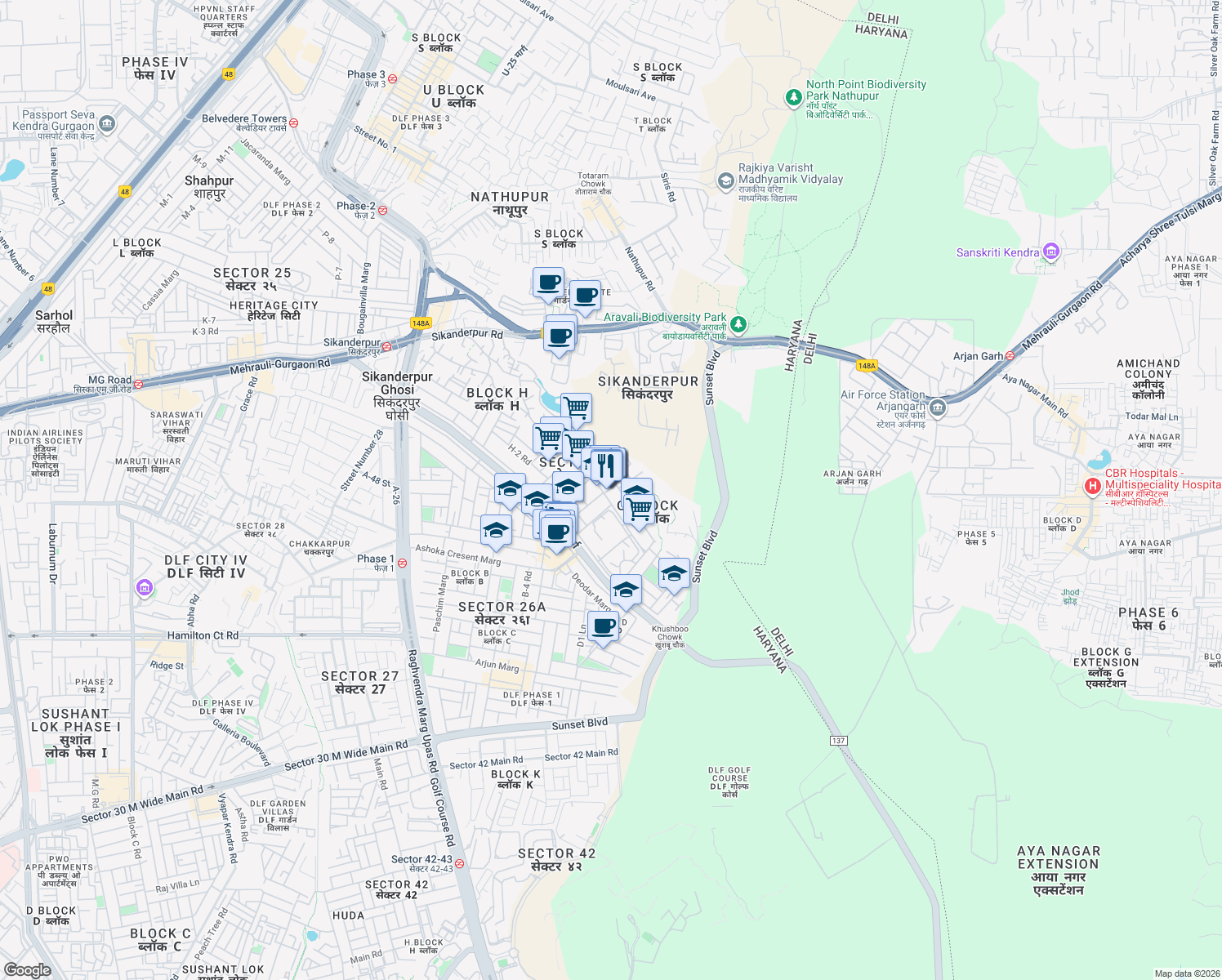 map of restaurants, bars, coffee shops, grocery stores, and more near in Gurugram
