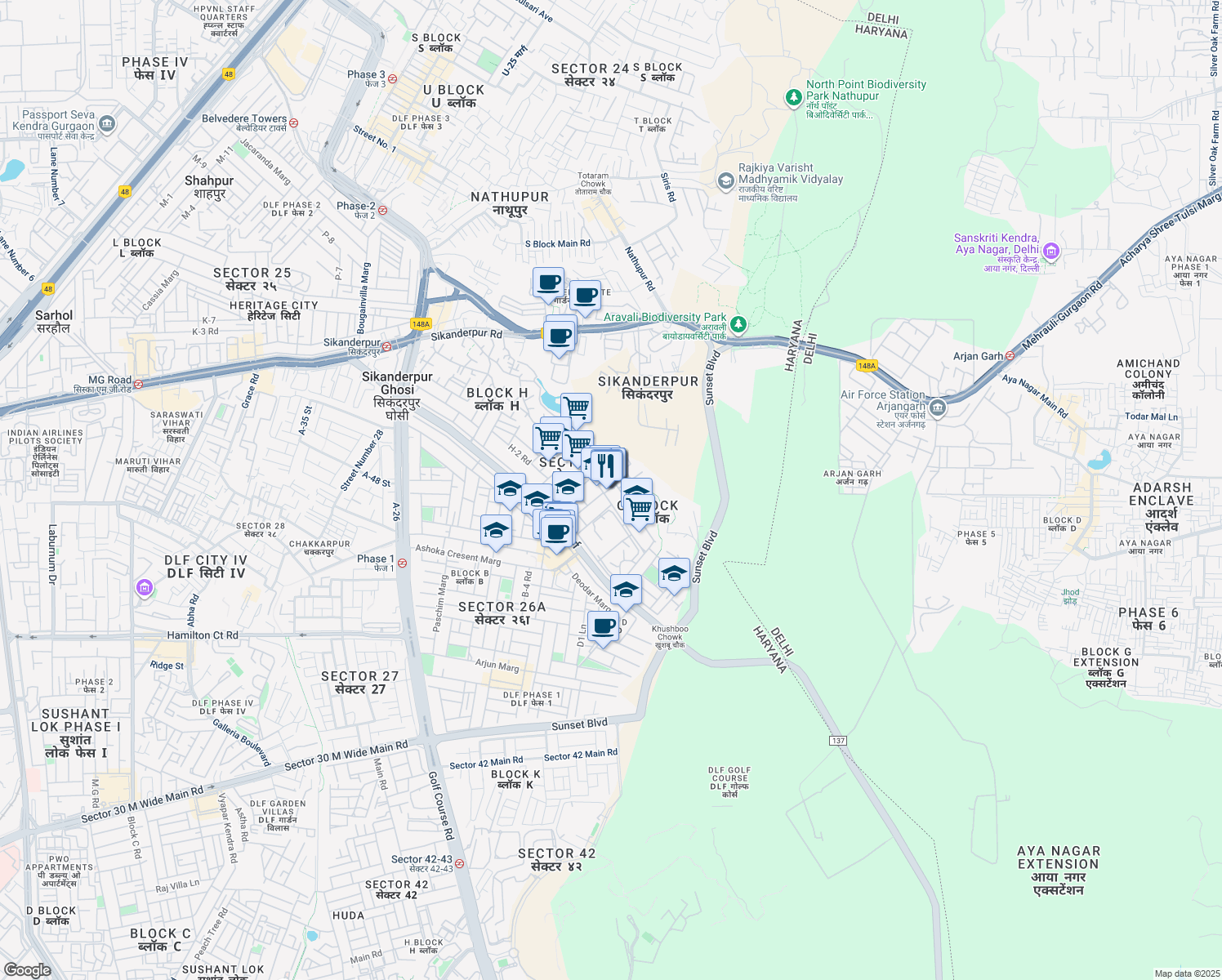 map of restaurants, bars, coffee shops, grocery stores, and more near in Gurugram