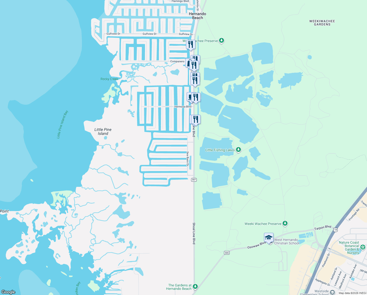 map of restaurants, bars, coffee shops, grocery stores, and more near 4049 Cobia Drive in Hernando Beach