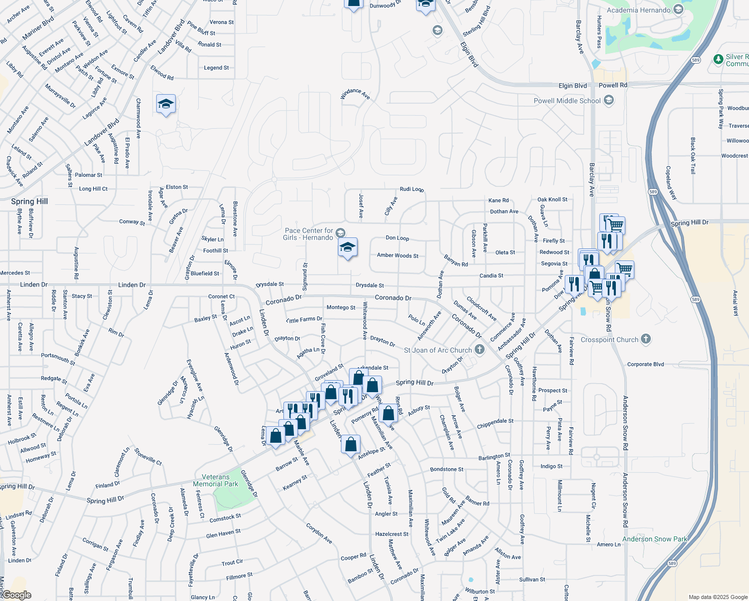 map of restaurants, bars, coffee shops, grocery stores, and more near 14473 Coronado Drive in Spring Hill