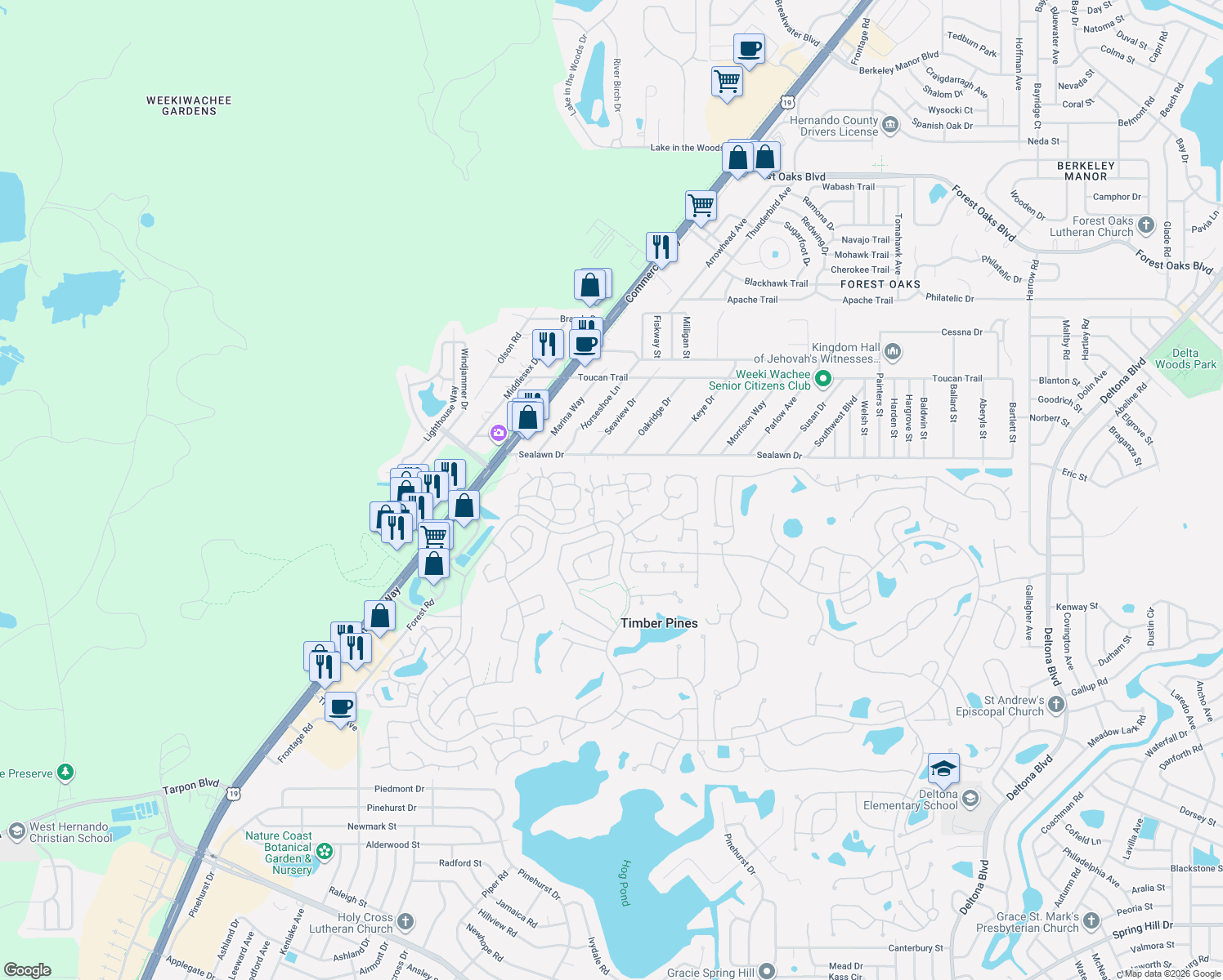 map of restaurants, bars, coffee shops, grocery stores, and more near 2646 Blue Ridge Circle in Spring Hill