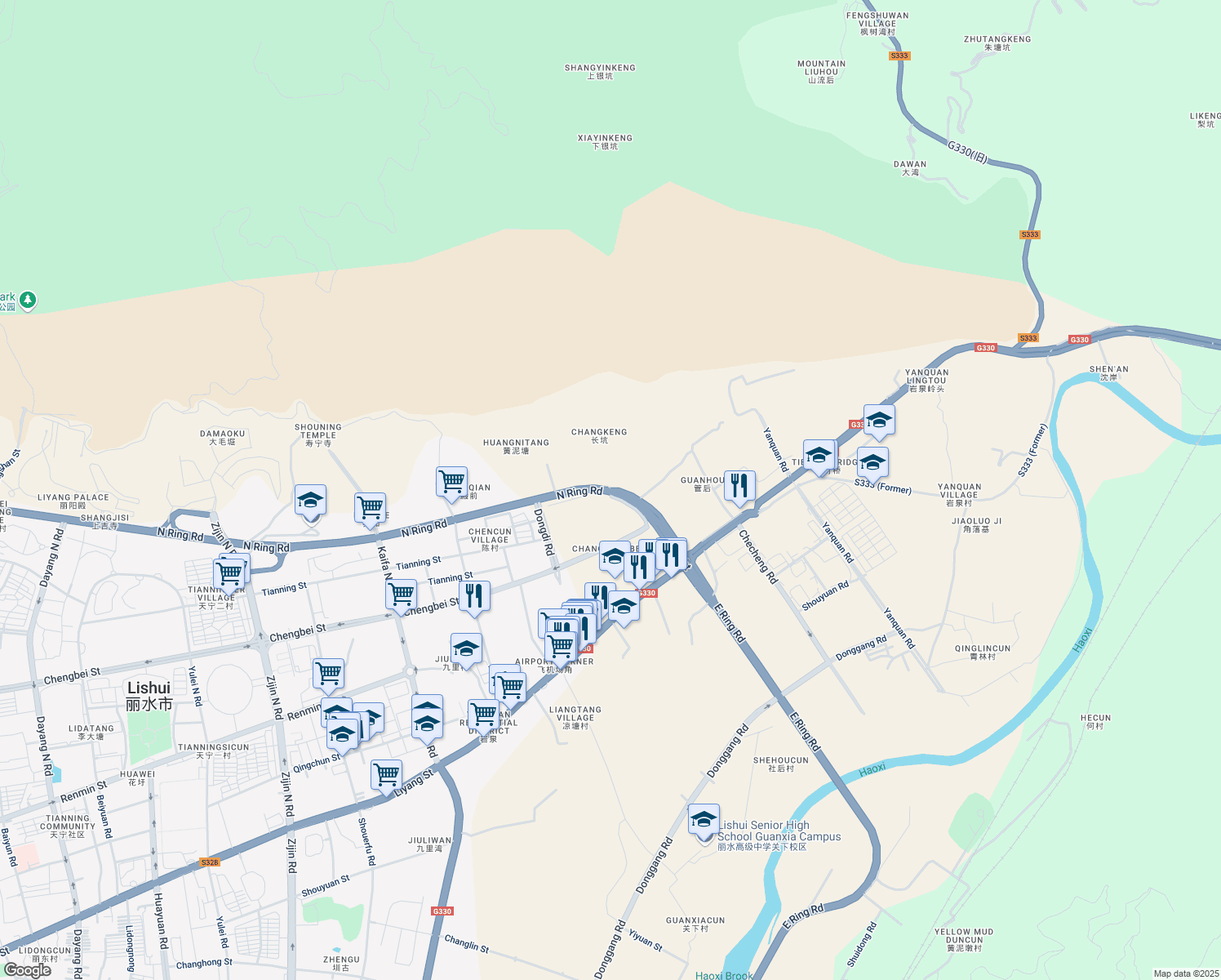 map of restaurants, bars, coffee shops, grocery stores, and more near Raocheng Highway in Li Shui Shi