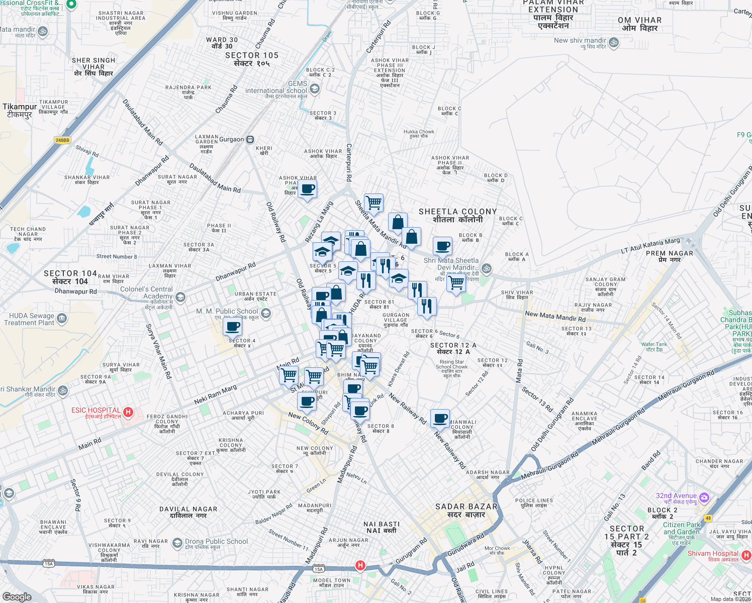 map of restaurants, bars, coffee shops, grocery stores, and more near Azad Appartment HUDA Road in Gurgaon