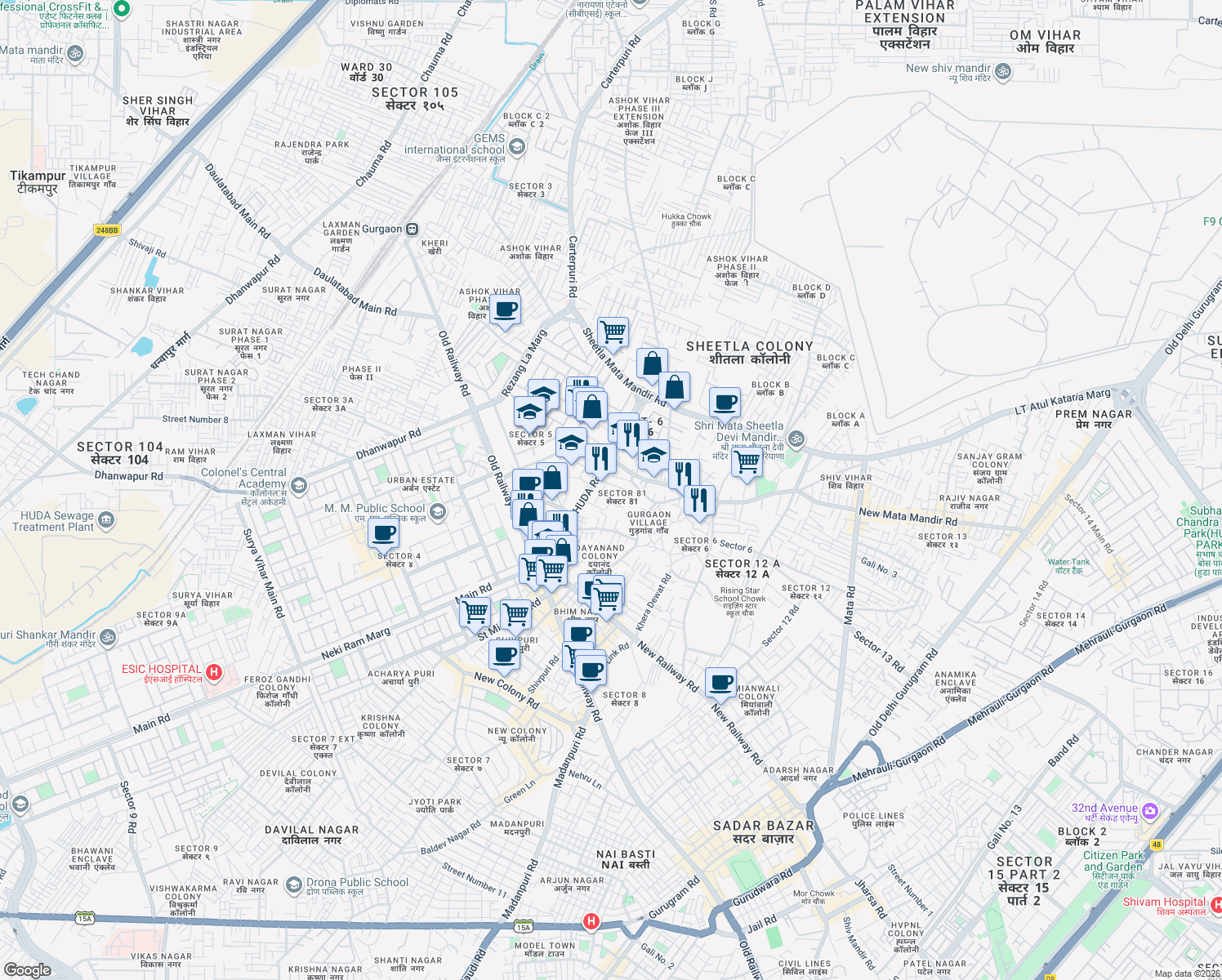 map of restaurants, bars, coffee shops, grocery stores, and more near Azad Appartment HUDA Road in Gurugram