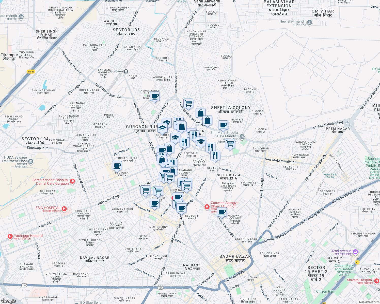 map of restaurants, bars, coffee shops, grocery stores, and more near Industrial Lane in Gurugram