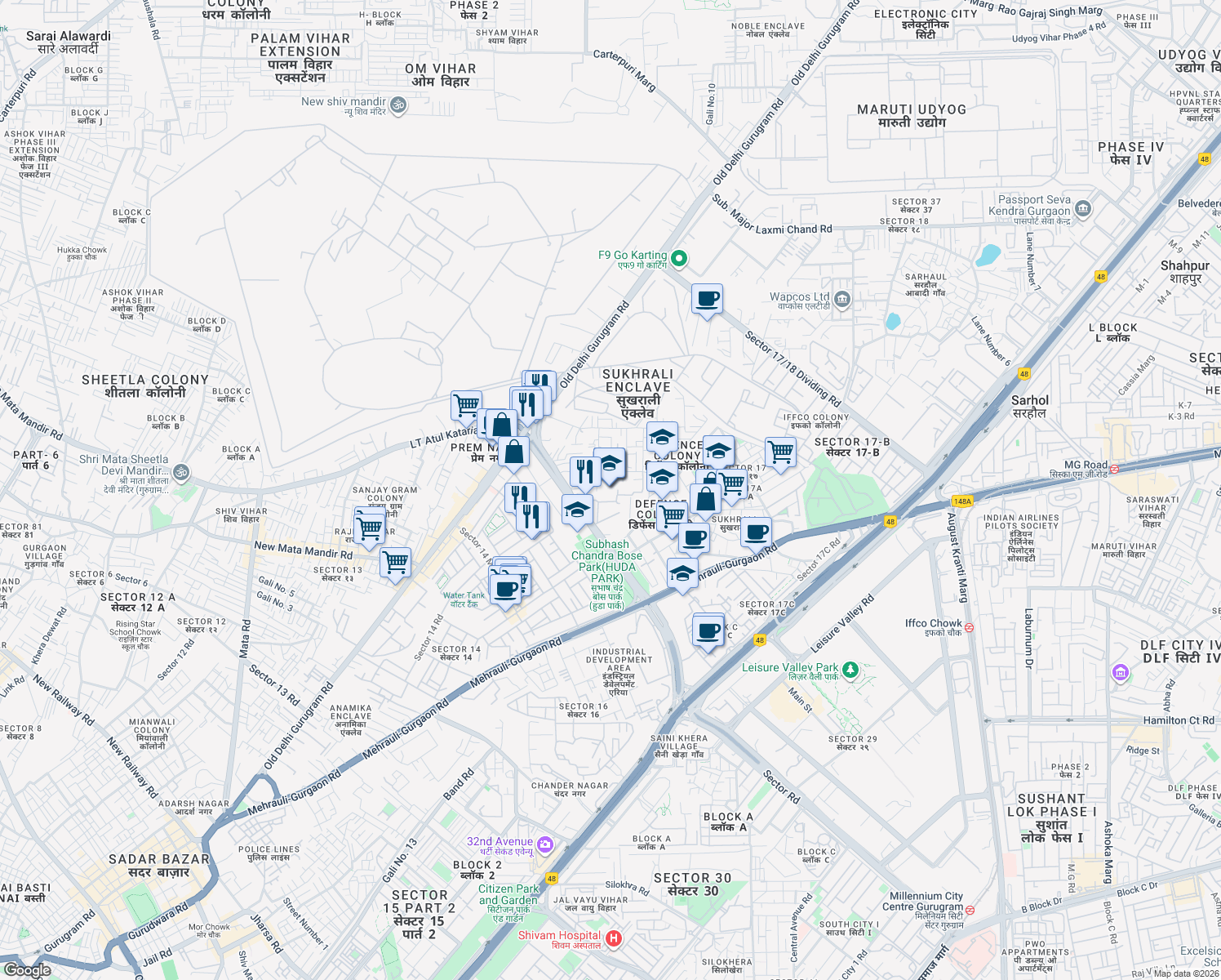 map of restaurants, bars, coffee shops, grocery stores, and more near in Gurugram