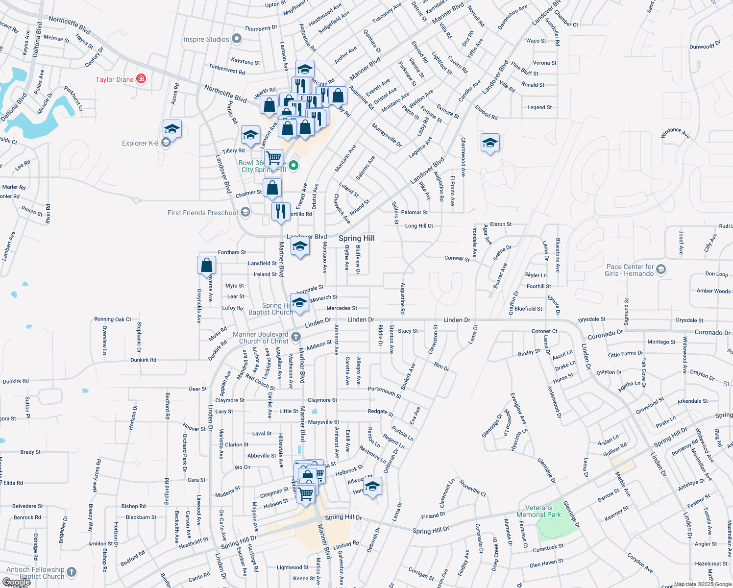 map of restaurants, bars, coffee shops, grocery stores, and more near 11241 Monarch Street in Spring Hill