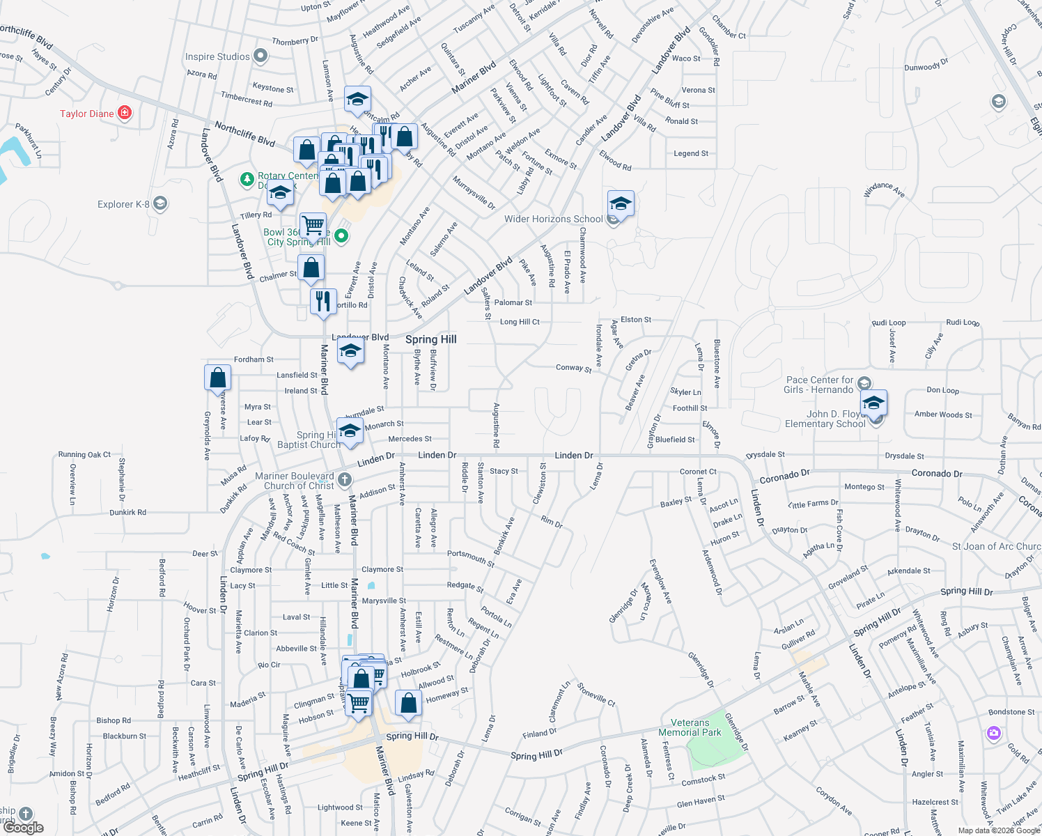 map of restaurants, bars, coffee shops, grocery stores, and more near 11352 Rainbow Woods Loop in Spring Hill