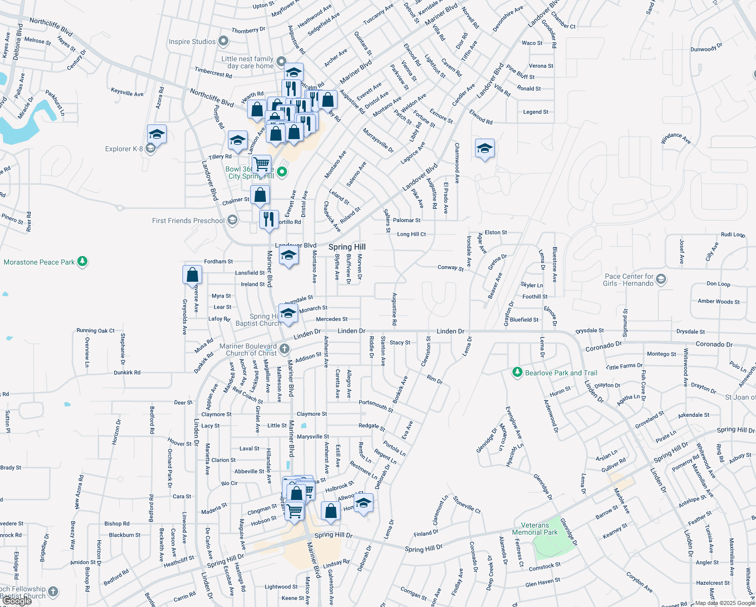 map of restaurants, bars, coffee shops, grocery stores, and more near 11296 Rainbow Woods Loop in Spring Hill