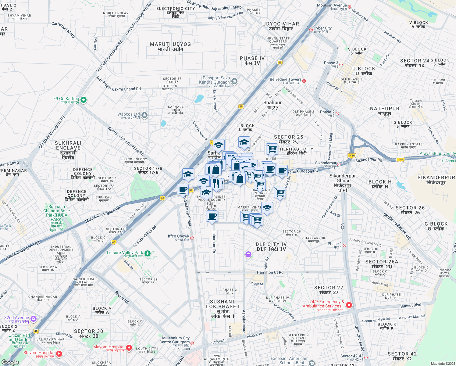 map of restaurants, bars, coffee shops, grocery stores, and more near Mehrauli-Gurgaon Road in Gurugram