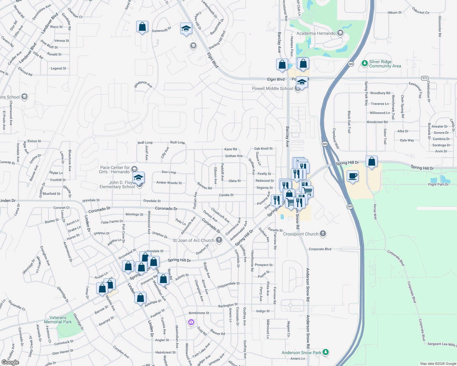 map of restaurants, bars, coffee shops, grocery stores, and more near 14018 Oleta Street in Spring Hill