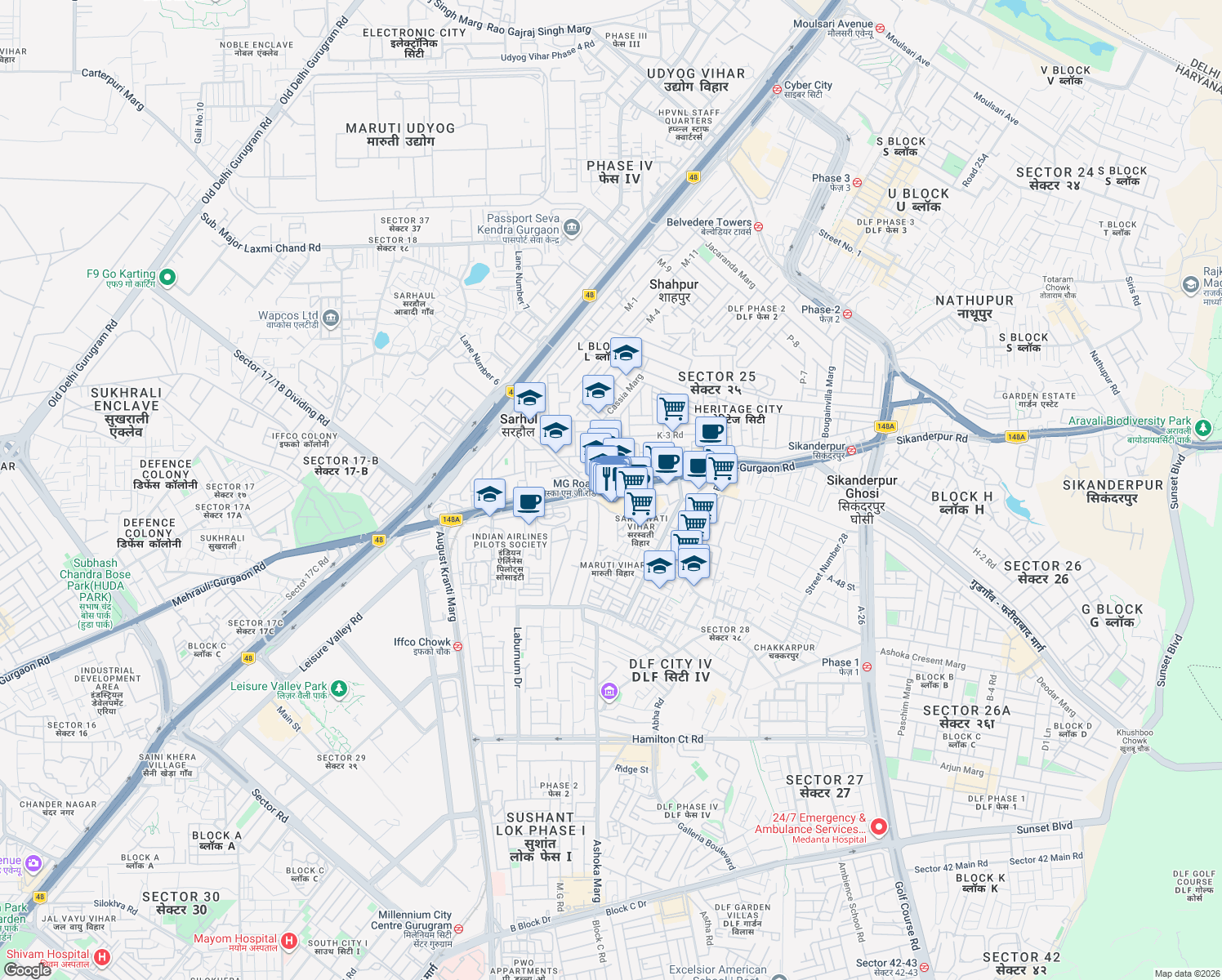 map of restaurants, bars, coffee shops, grocery stores, and more near in Gurugram