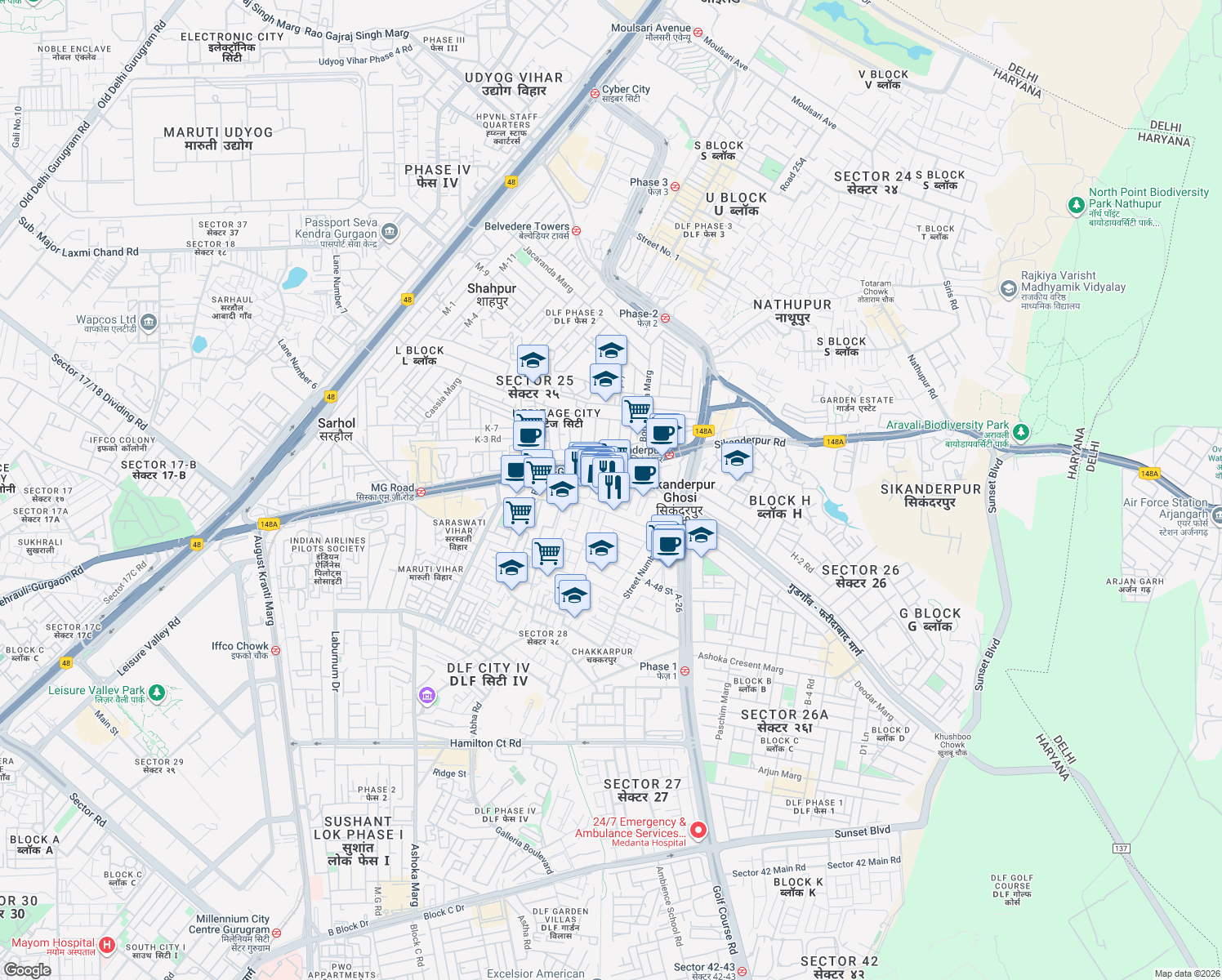 map of restaurants, bars, coffee shops, grocery stores, and more near Mehrauli-Gurgaon Road in Gurugram