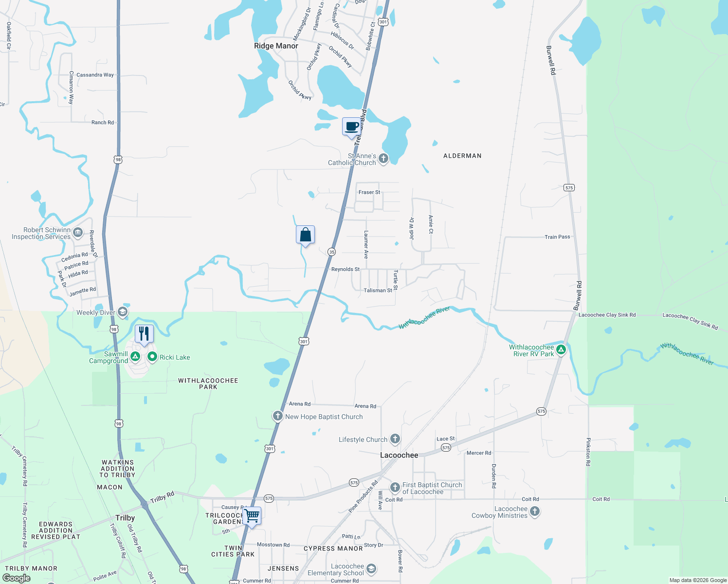 map of restaurants, bars, coffee shops, grocery stores, and more near 34924 Talisman Street in Dade City