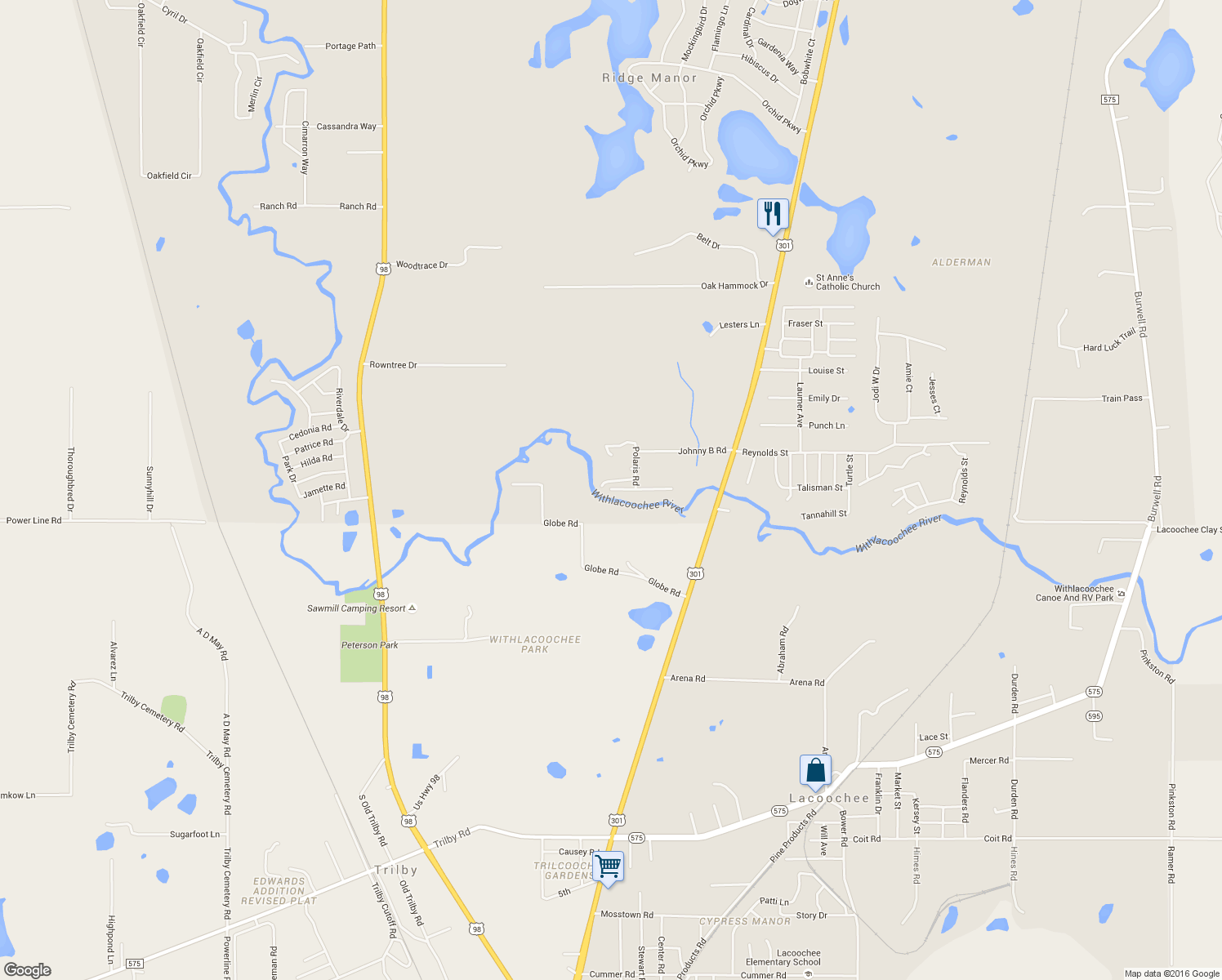 map of restaurants, bars, coffee shops, grocery stores, and more near 34102 Ringwalt Drive in Dade City