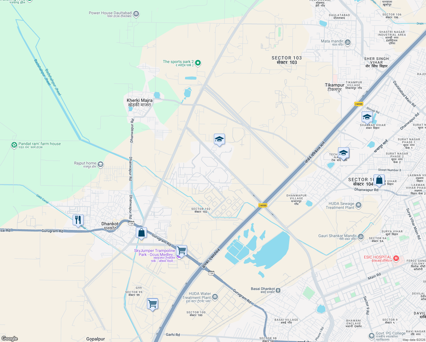 map of restaurants, bars, coffee shops, grocery stores, and more near Unnamed Road in Gurugram