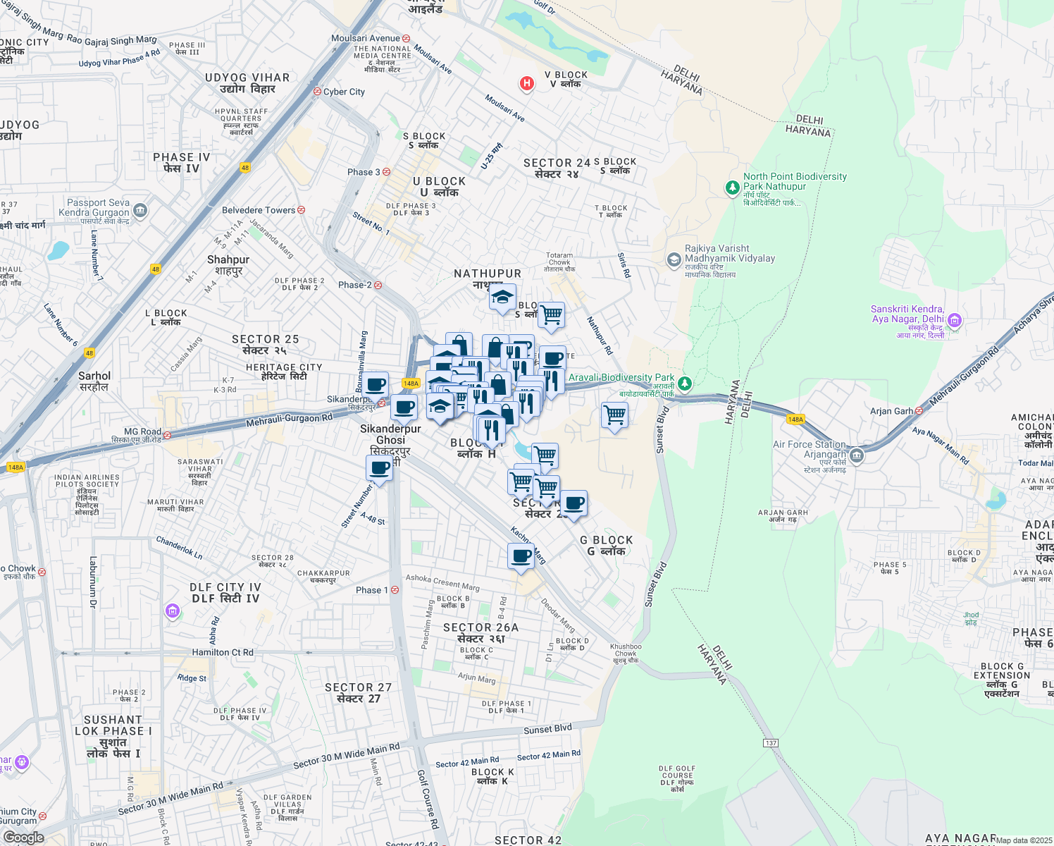 map of restaurants, bars, coffee shops, grocery stores, and more near in Gurugram