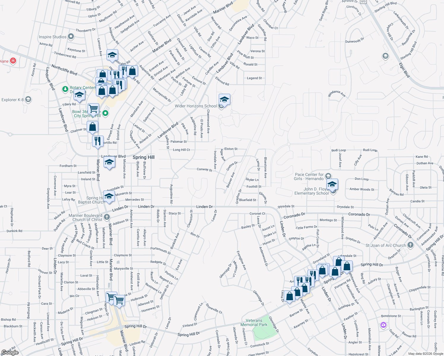 map of restaurants, bars, coffee shops, grocery stores, and more near 3259 Gretna Drive in Spring Hill