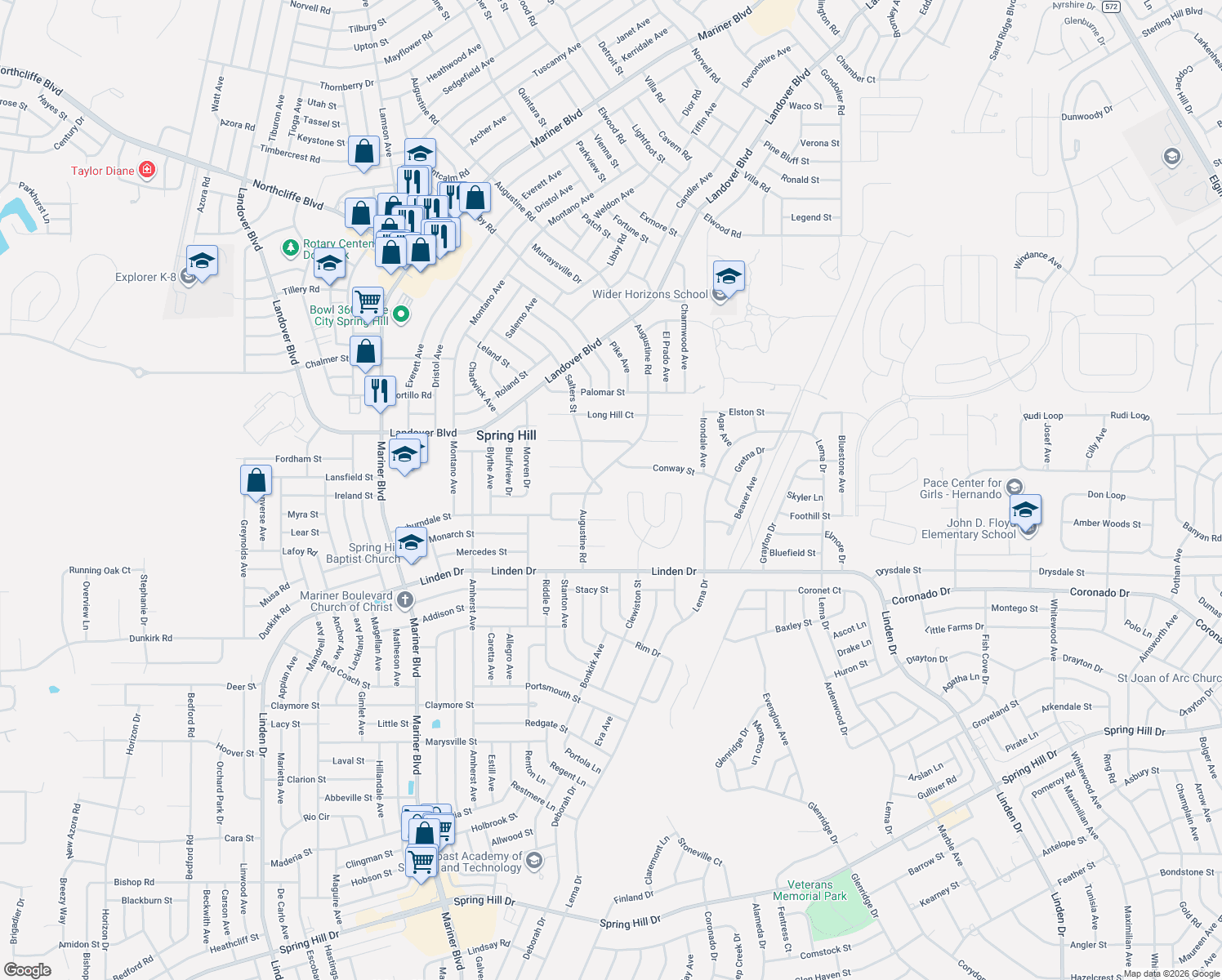 map of restaurants, bars, coffee shops, grocery stores, and more near 11382 Doxsey Hill Circle in Spring Hill