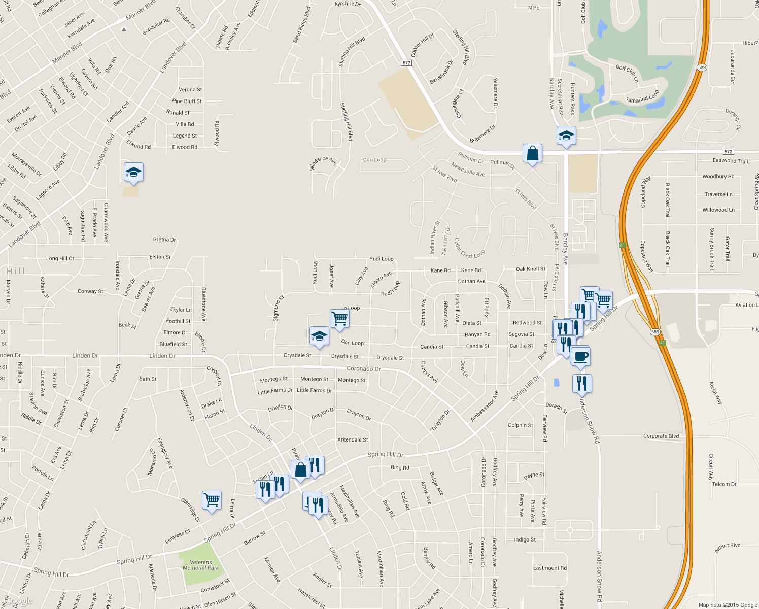 map of restaurants, bars, coffee shops, grocery stores, and more near 13295 Don Loop in Spring Hill